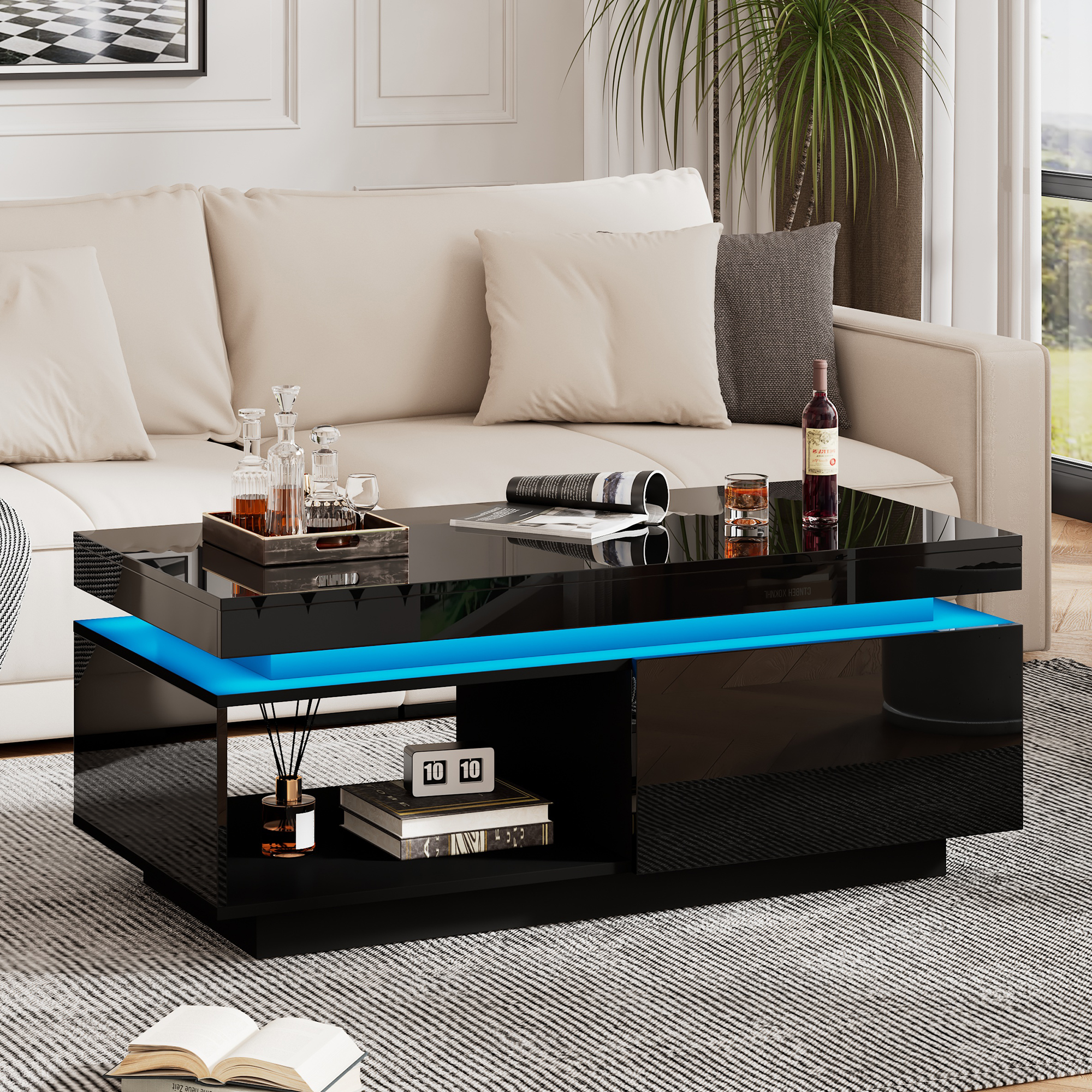Modern High-gloss Coffee Table With LED Lighting, 100x50x40.3 Cm - Elegant Table With Drawer And 50 Kg Load Capacity