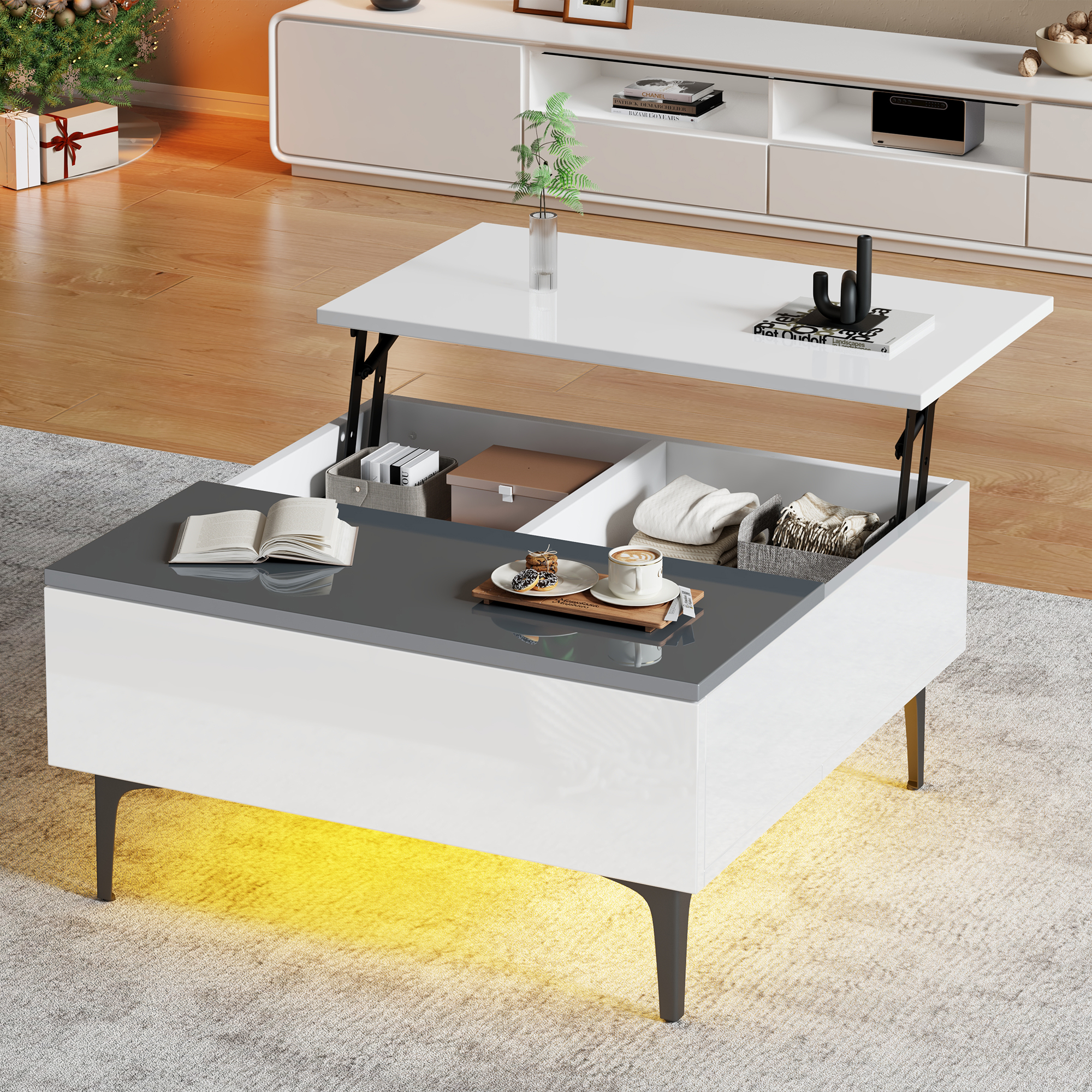 Table basse 70x70x35cm, table basse réglable en hauteur avec rangements et étagères – Image 4