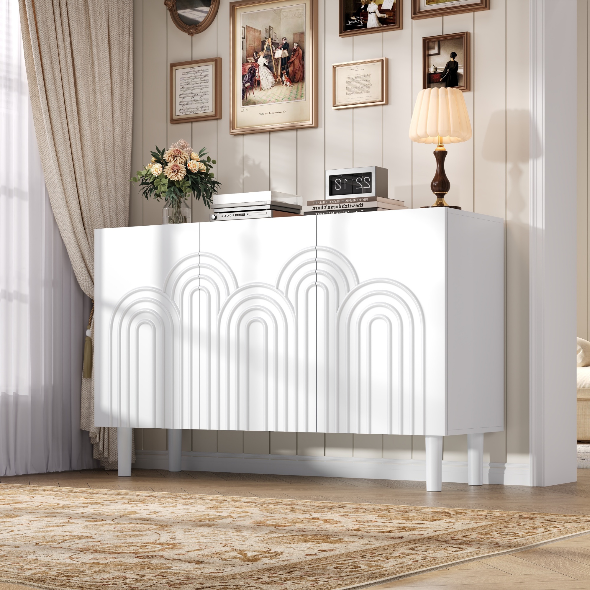 120x38.5x79cm Sideboard,Living Room Cabinet With 3 Doors,Cabinets With Large Storage Space,Chest Of Drawers For Bedroom And Living Room,Adjustable Partition Closet,White, MDF, With 16cm Table Base