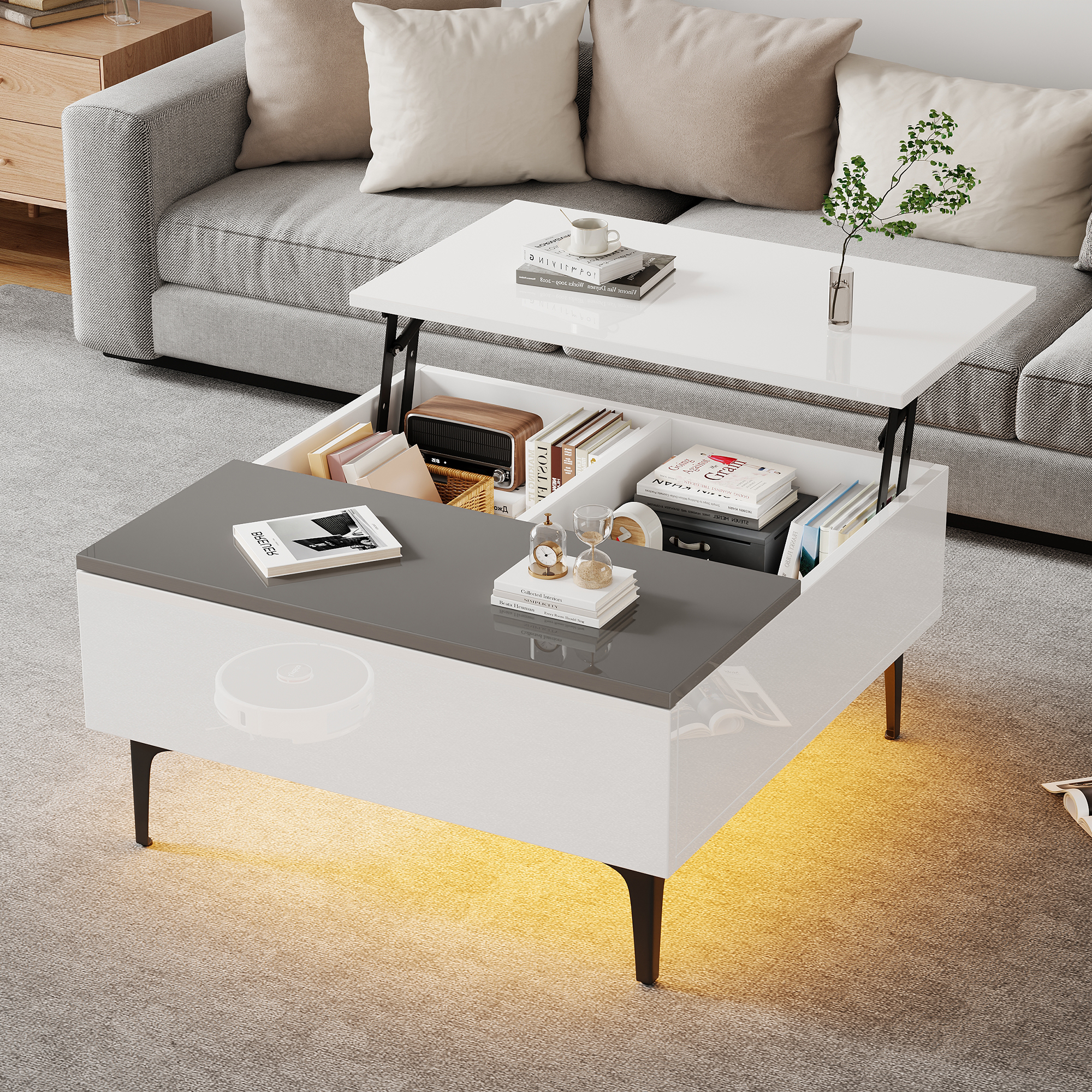Table basse 70x70x35cm, table basse réglable en hauteur avec rangements et étagères – Image 3