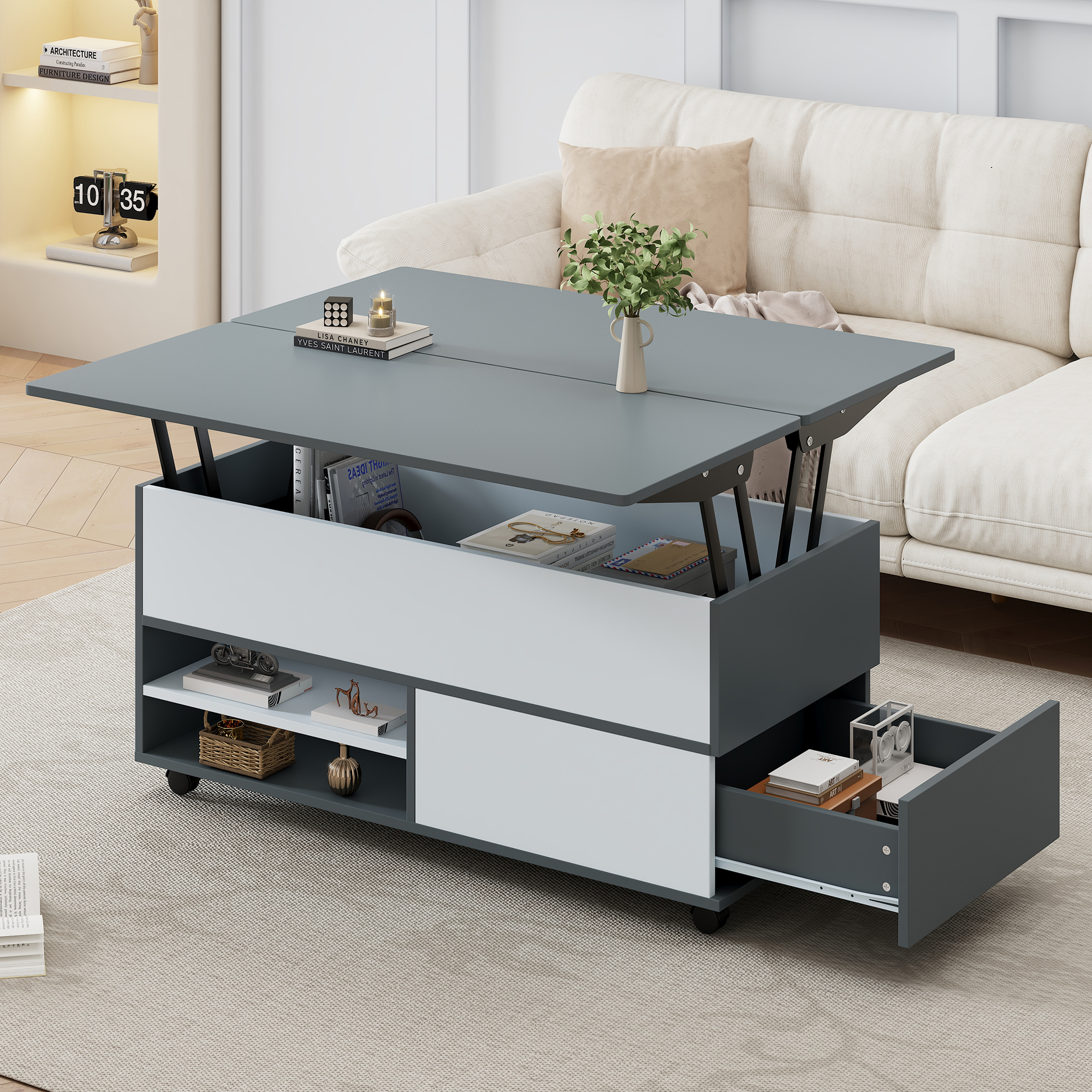 100X98X65cm Coffee Table Height Adjustable Coffee Table With Hidden Storage And Shelf, Living Room Table With Casters And Drawers, Multifunctional Dining Table With Large Storage Space, Gray And White