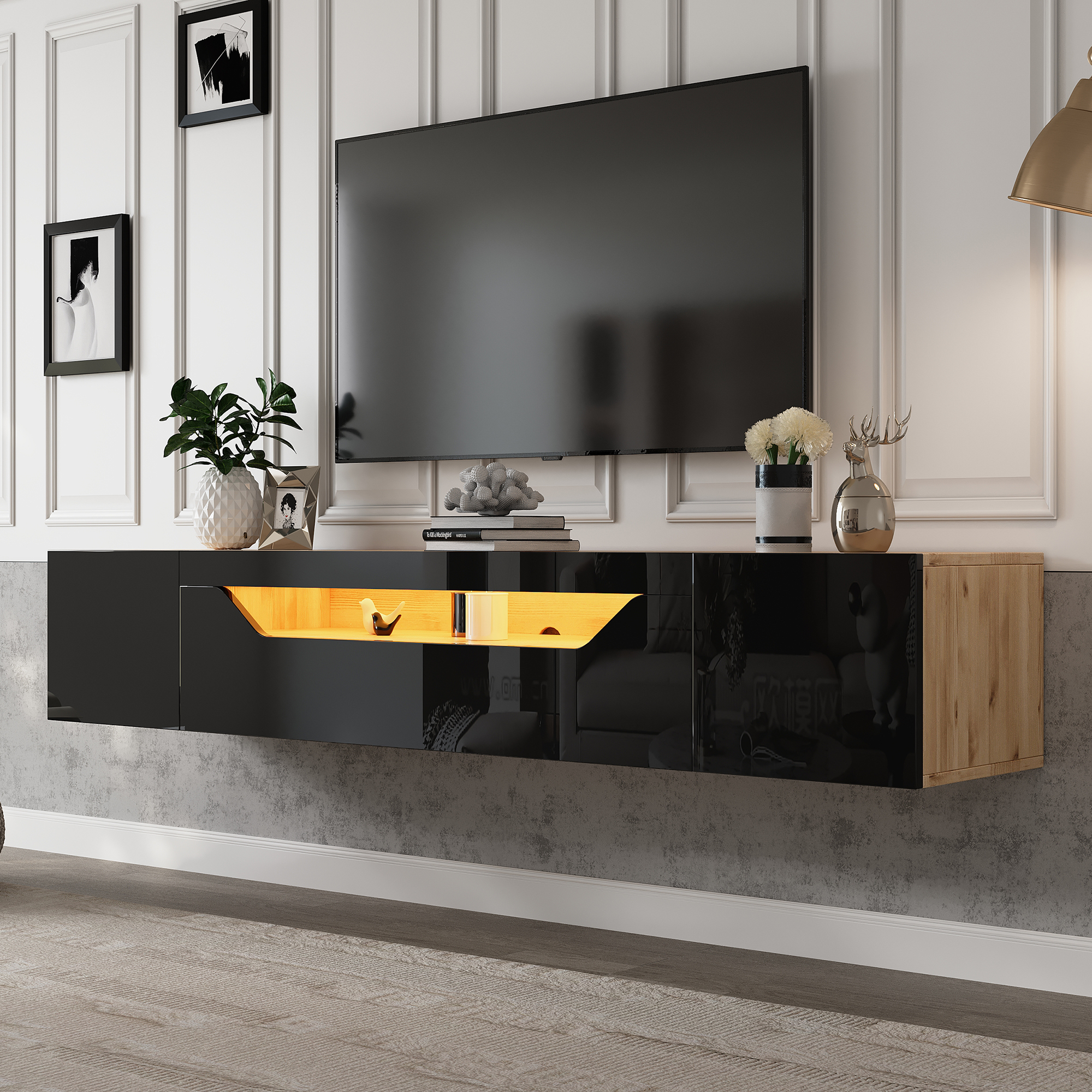 TV Cabinet With 3 Storage Compartments, Lowboard, Floating Wall-mounted TV Unit, High-gloss TV Cabinet With LED Light, TV Table, Wall-mountable, Suita