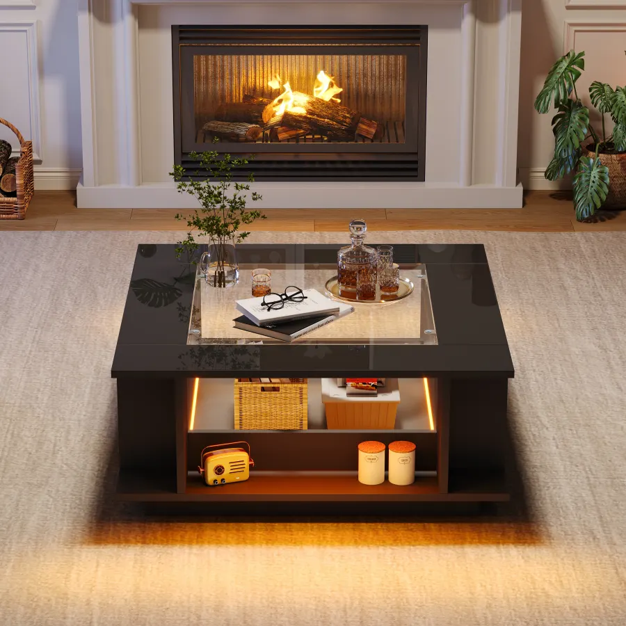Couchtisch quadratisch mit Glasplatte und LED-Beleuchtung