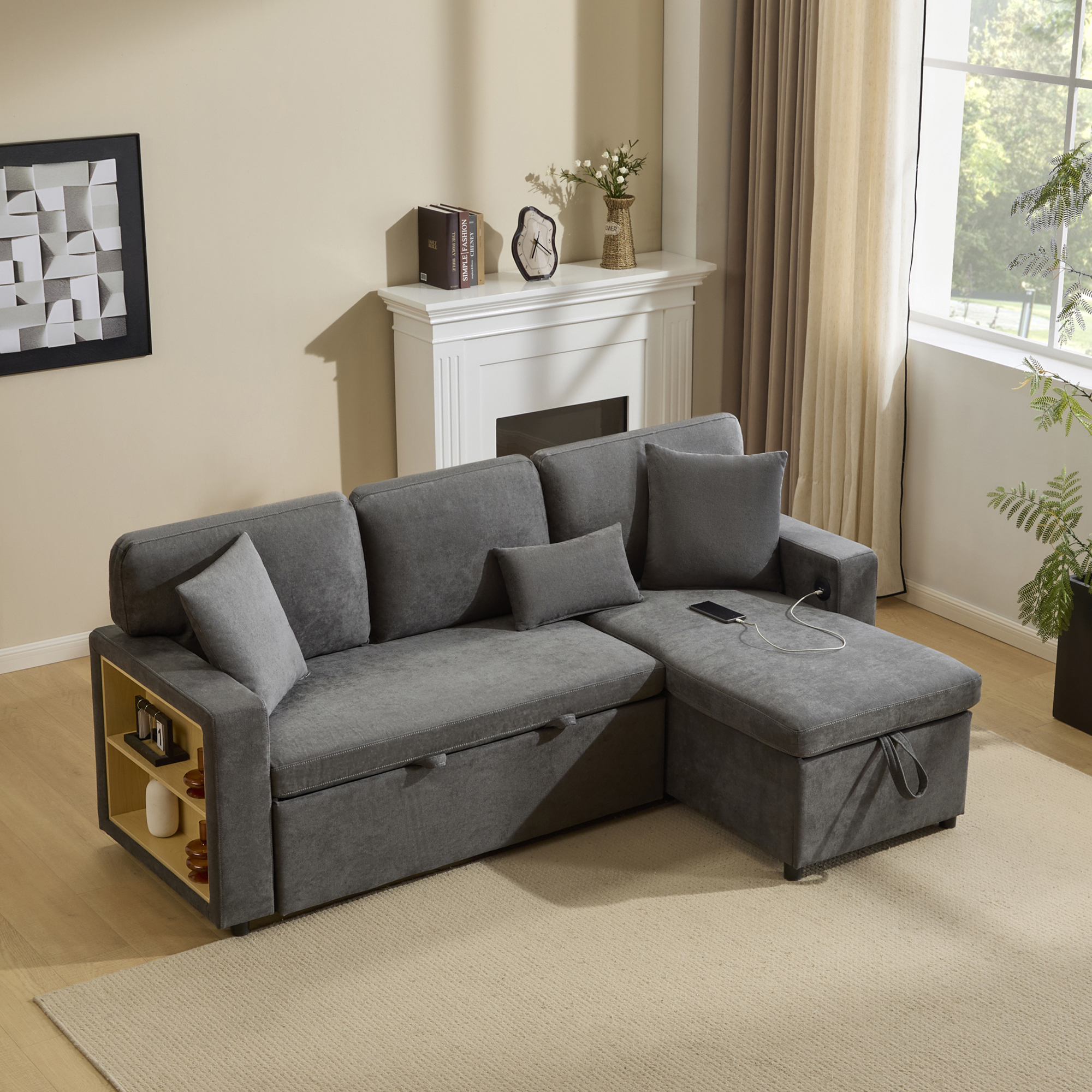 Corner Sofa Bed Corner Couch Couch L-Shape Sofa Bed Pull-out, Bed Box And Integrated Shelf, Dark Grey