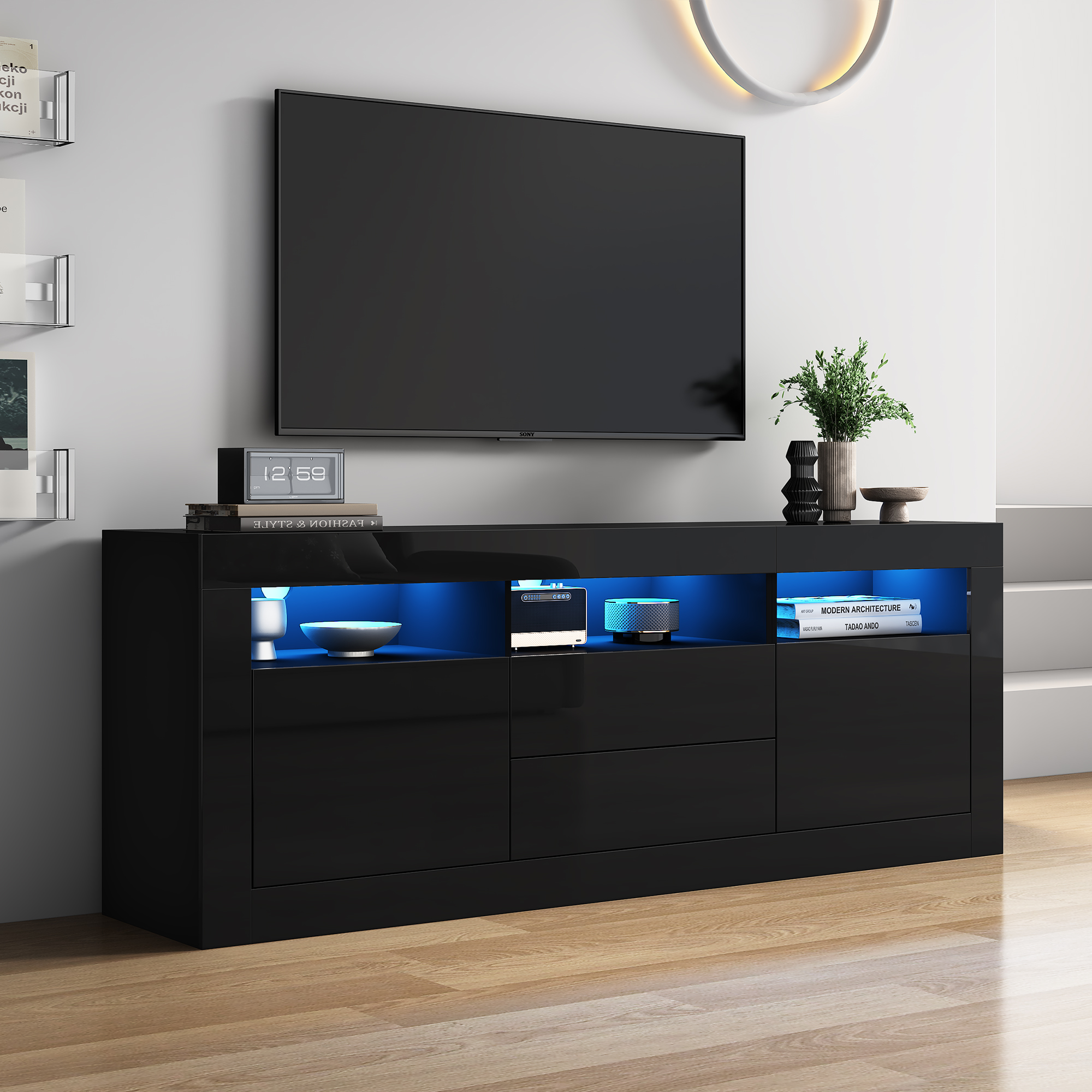 160x35x60cm High Gloss TV Cabinet With LED Lighting, 3 Open Compartments, 2 Doors, 2 Drawers, Smart App Control, For 70 Inch TV,High Gloss TV Stand