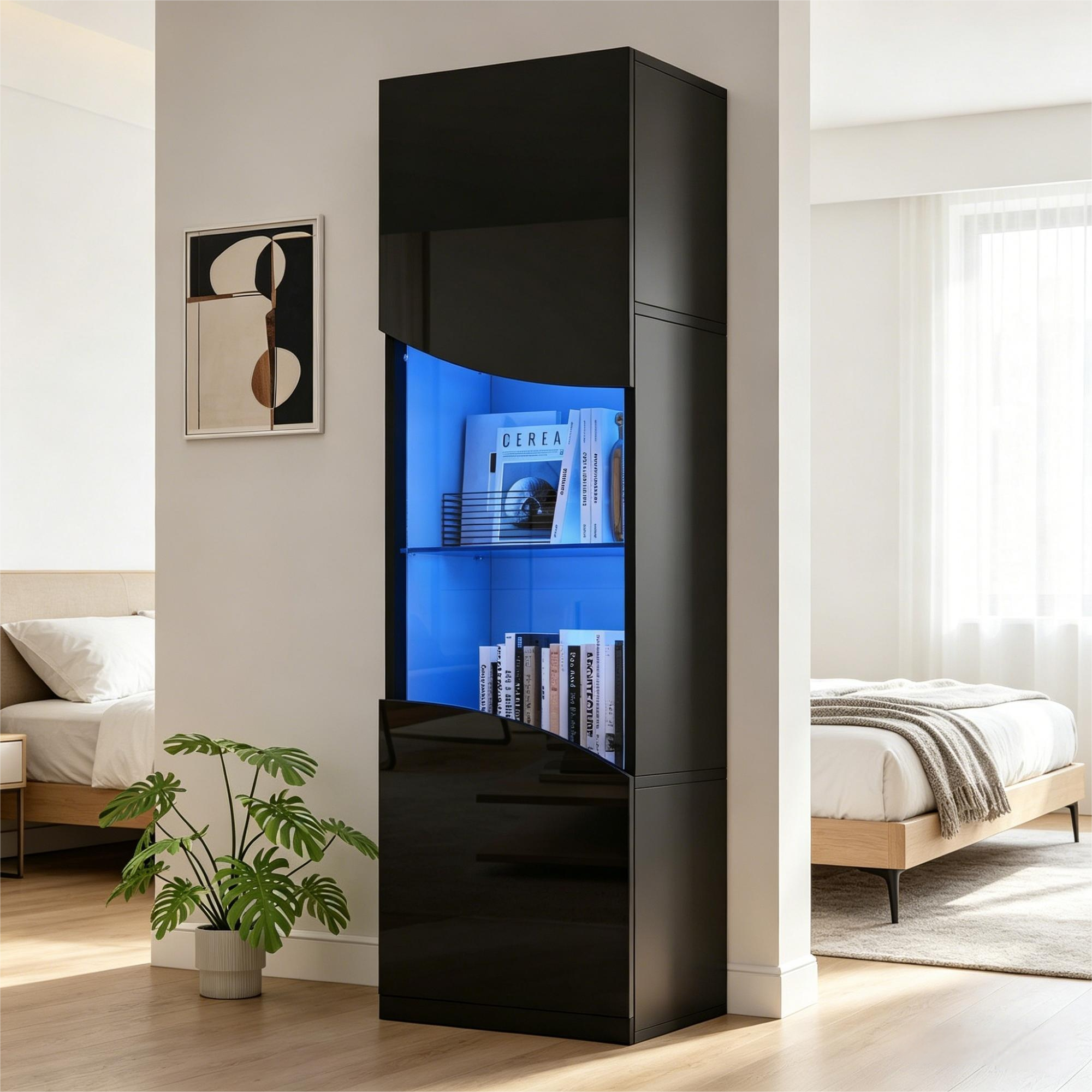 35X50X165cm Living Room Display Cabinet,High Gloss Display Cabinet  Cabinet Doors , Tall Cabinet With Large Storage And LED Lighting.Concave Arc Wave Surface Design,Black