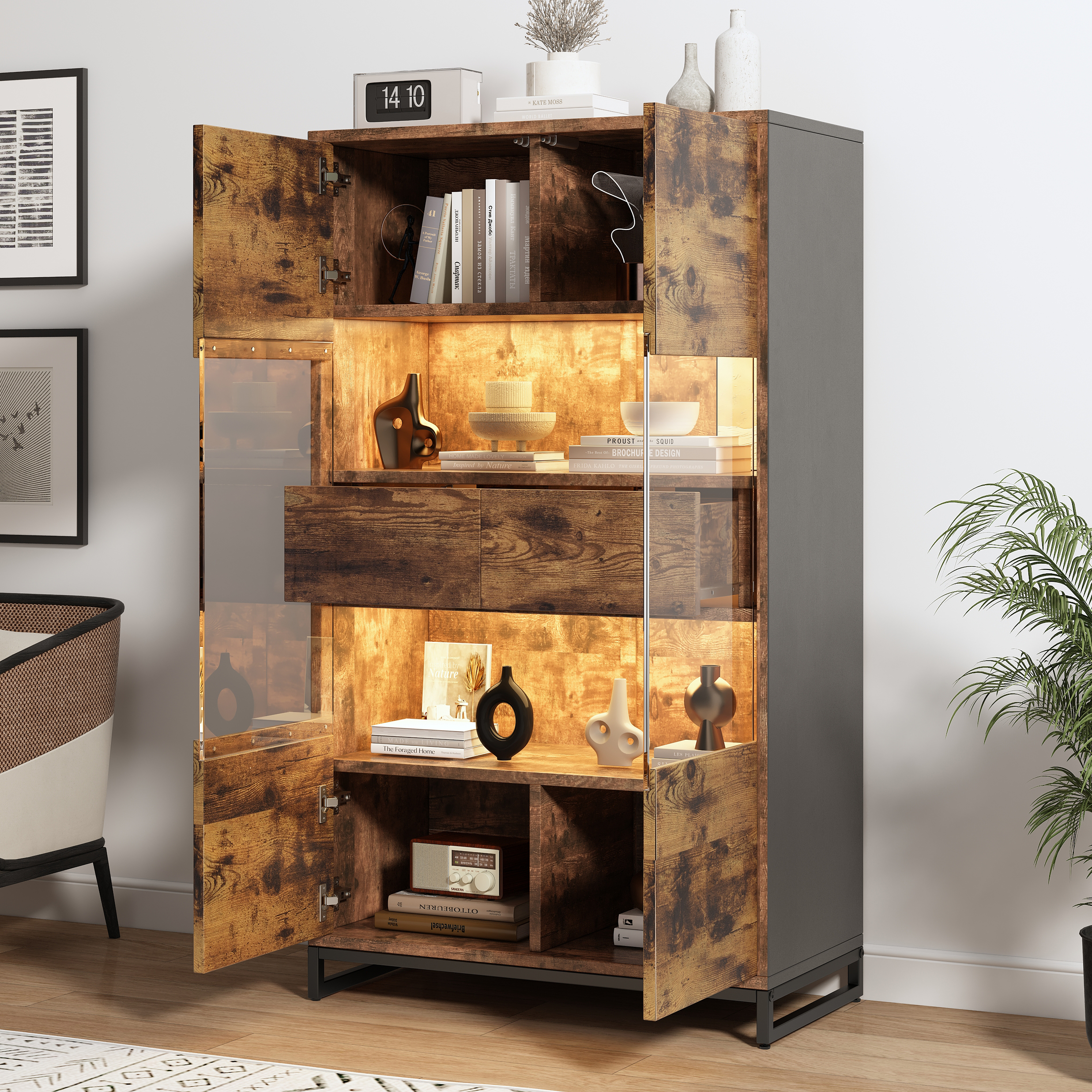 80X40X138cm Display Cabinet With LED Lighting Standing Display Cabinet,Display Cabinets With 2 Drawers, Storage Display Case With Acrylic Panel, Highboard, Wine Cabinets, Bookshelves With Plenty Of St