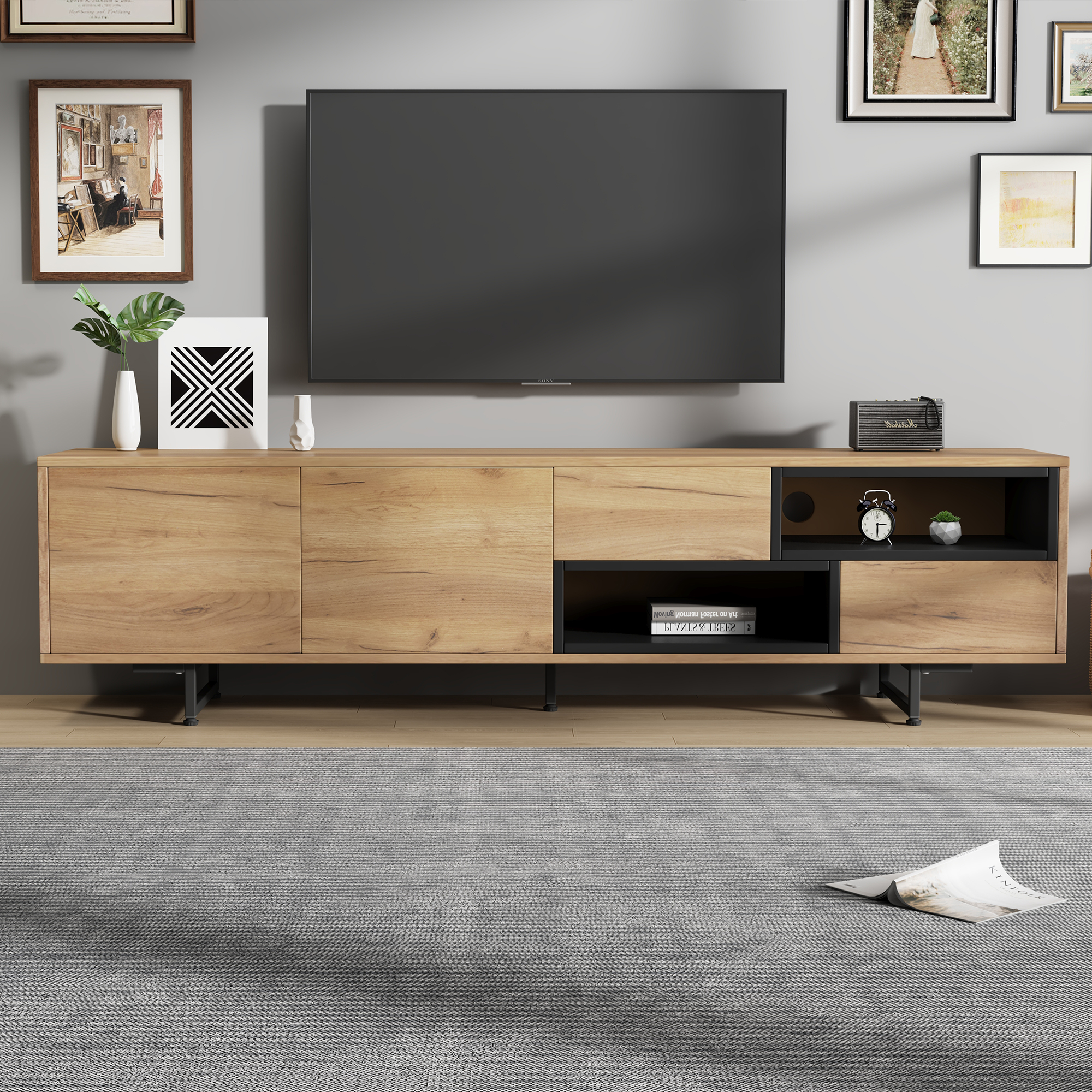 Low Cabinet For TV, Multiple Storage Functions, Wood-colored Chipboard, Open Storage With Ladder Compartments, Accommodates Up To 70 TVs, 173 X 38 X 48 Cm