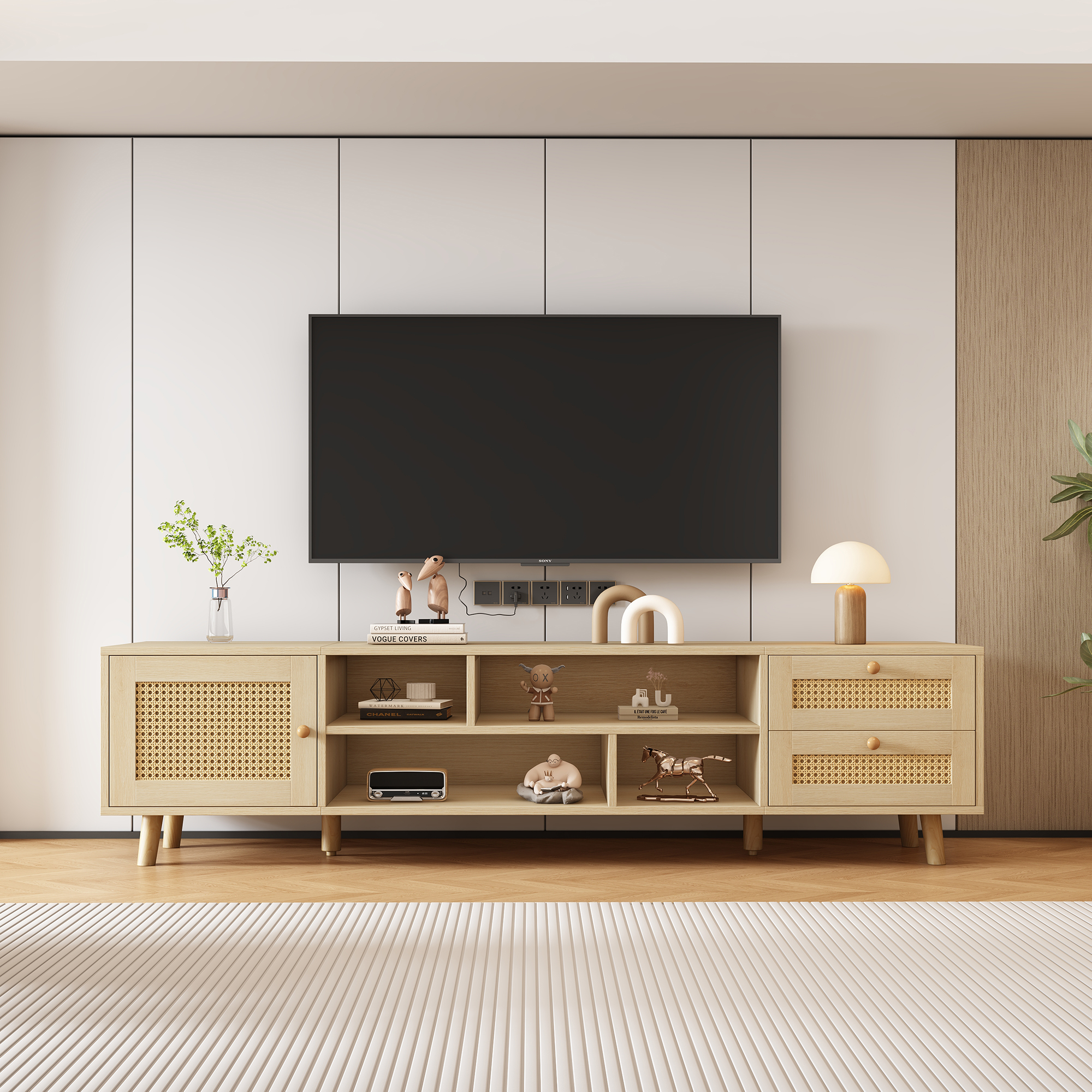 Premium 160cm Wood Colored Rattan TV Cabinet For 70 Inch TV - Cable Management, 2 Drawers, 1 Door,TV Cabinet, Base Cabinet, Base Cabinet For Living Ro
