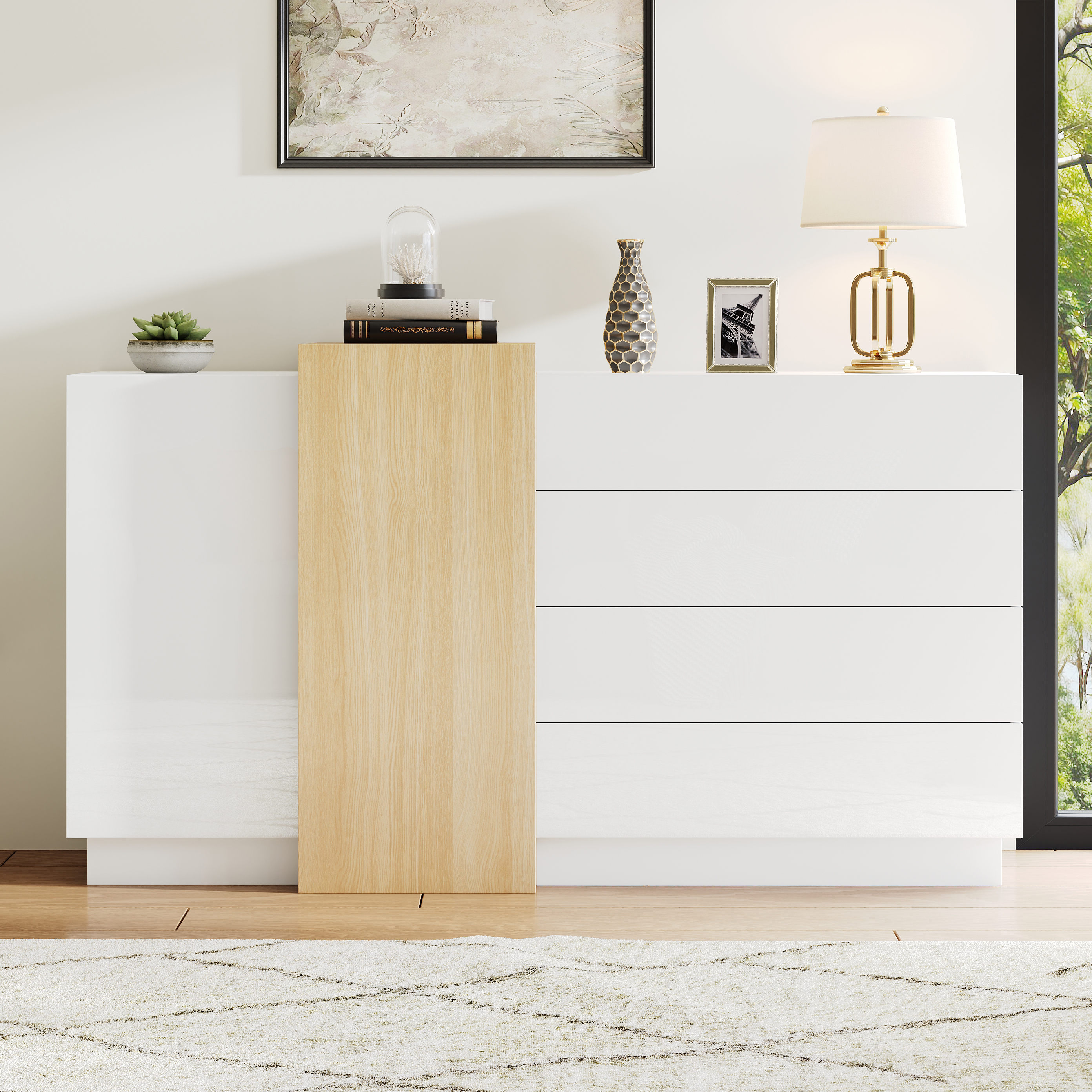 White High Gloss Sideboard, Modern Dining Room Cabinet With Storage, Minimalist Wood Tone Modern Storage Cabinet
