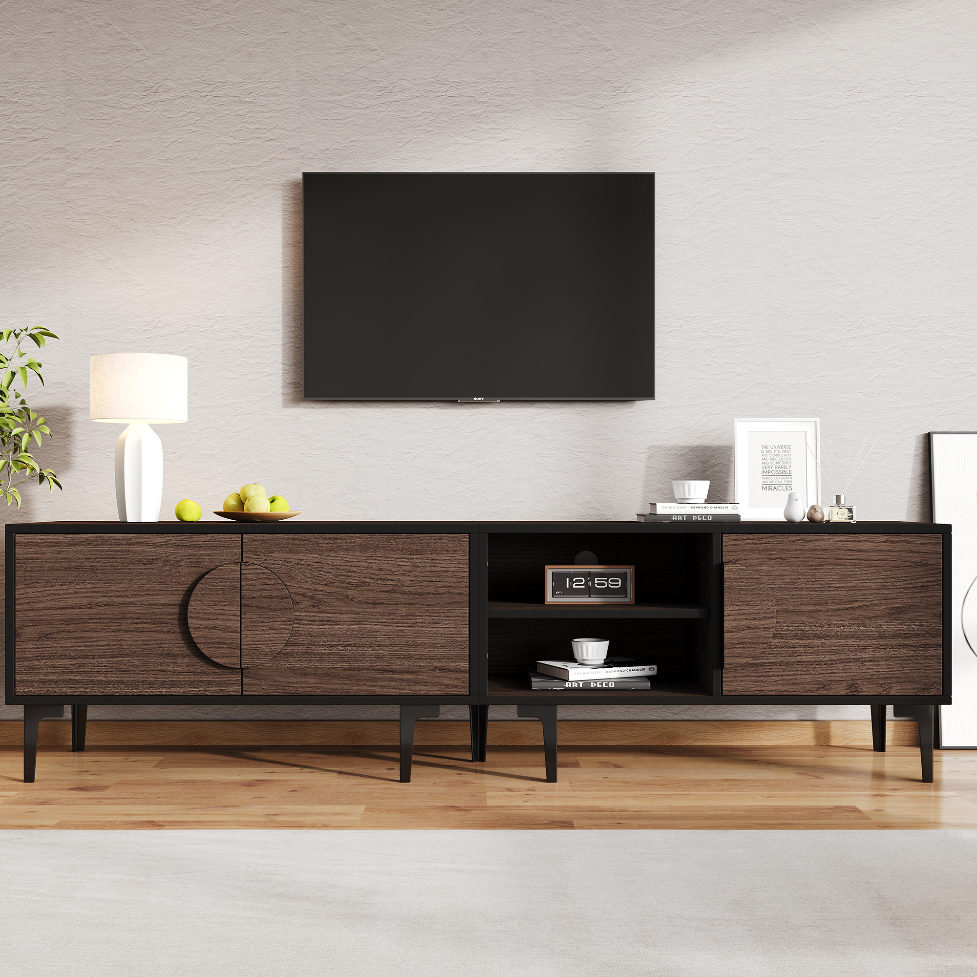 180X35X49cm Lowboard TV Cabinet, TV Stand For The Living Room,TV Cabinet With 2 Cabinets, TV Board With Open Storage Compartments, Dark Walnut Colored, Suitable For 80 Inch TV
