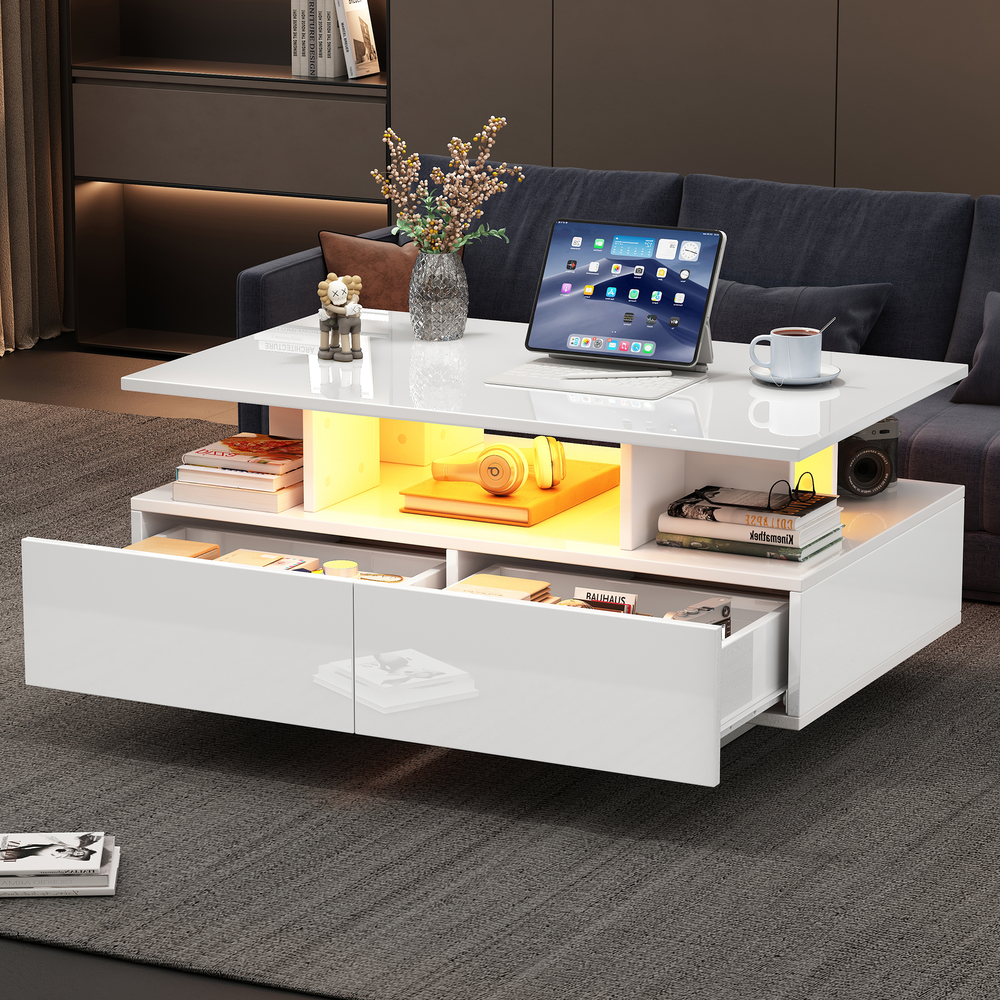Modern High-gloss Coffee Table With LED Lighting And 2 Drawers  Stylish 90x55x41 Cm Side Table With Storage Space, Load Capacity Up To 30 Kg