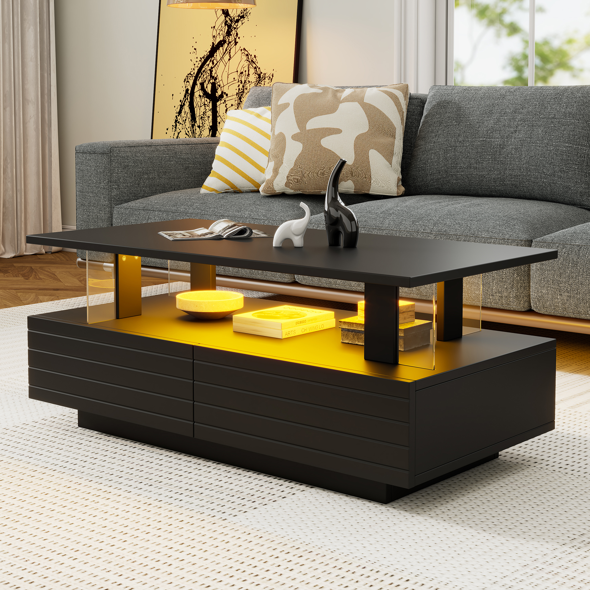 Black LED Coffee Table With Storage Function, Acrylic LED Living Room Table, Bistell Table, Double Layer Rectangular Coffee Table With Bluetooth Mobil
