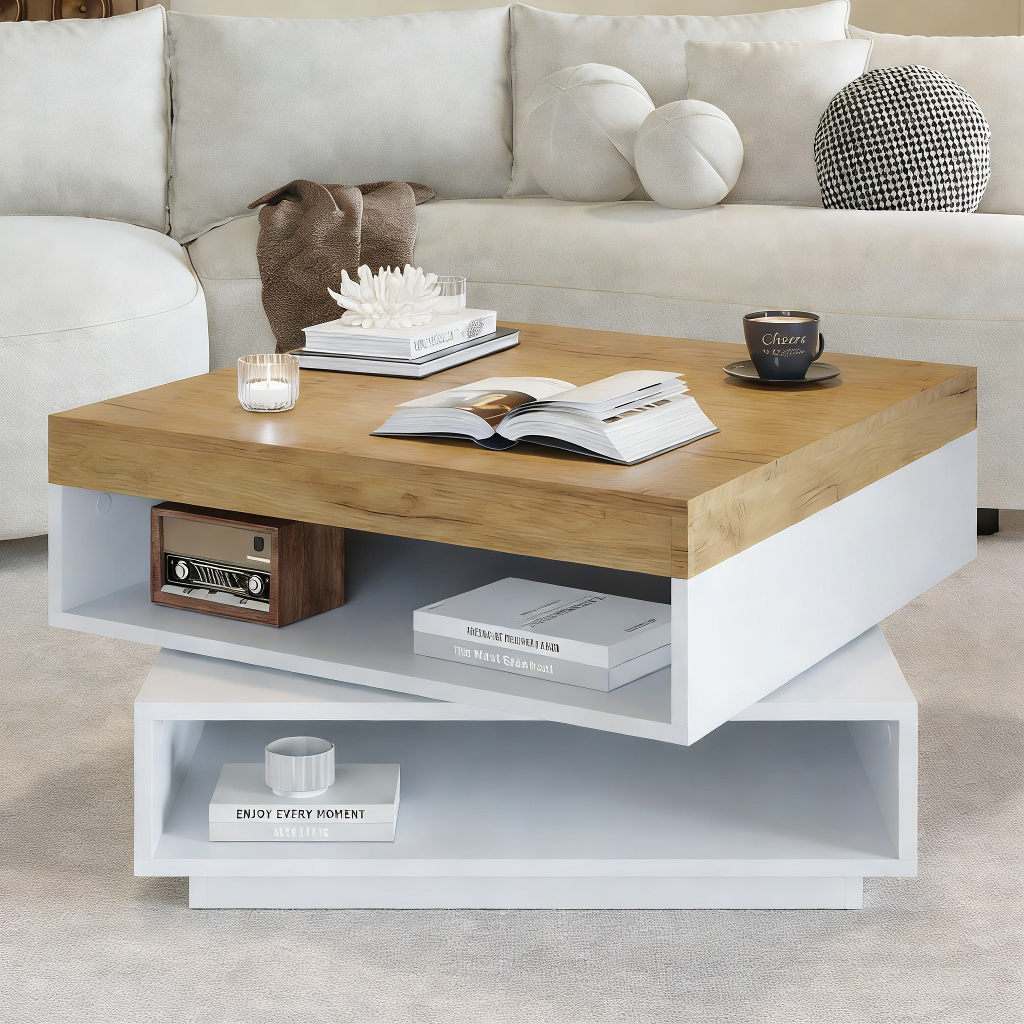Table basse 65X65X40cm, pivotante carrée à 360 degrés, table avec lumières LED