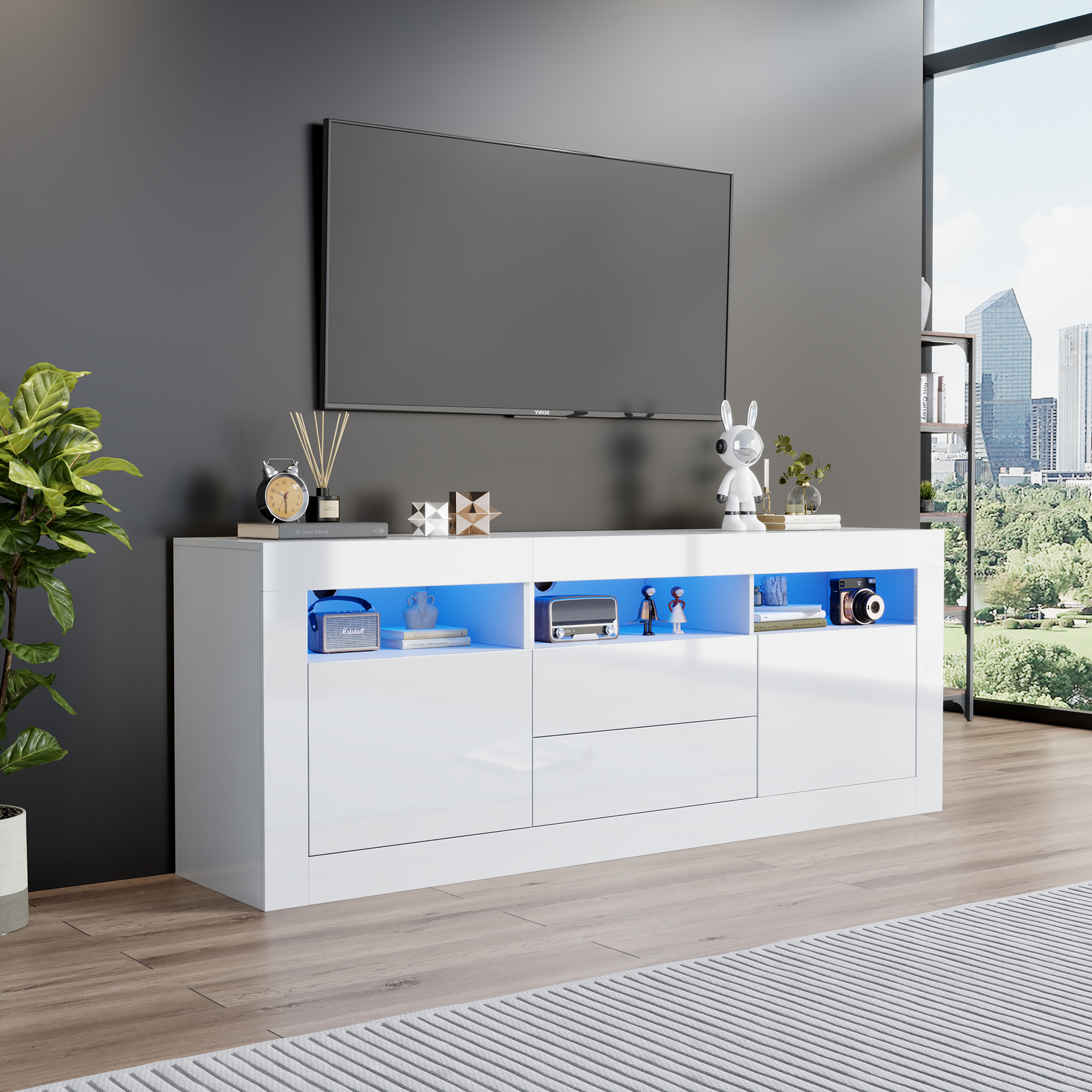 160X35X60cm Hochglanz-TV-Schrank Mit LED-Beleuchtung, 3 Offenen FAchern, 2 Turen, 2 Schubladen, Smart App Steuerung, FUr 70-Zoll-Fernseher,Hochglanz-T