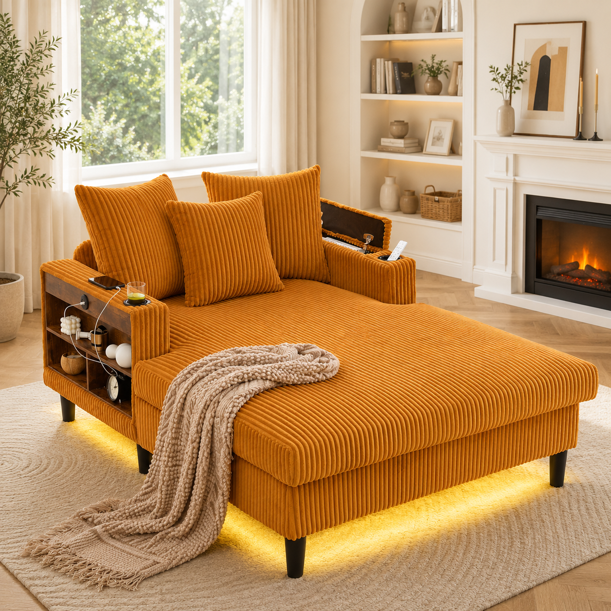 Multifunctional Corduroy Lounge With Chaise Longue With Large Lying Surface, Cup Holders On Both Sides, LED Lighting, Side Pocket, Storage Space, USB 