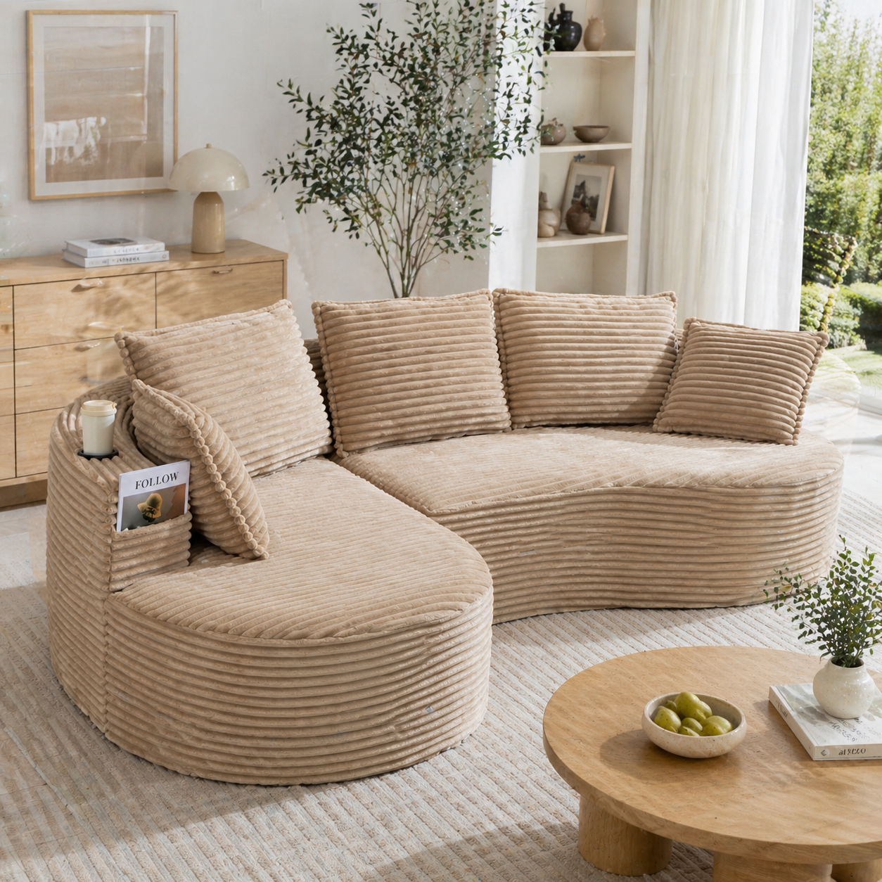 Corduroy Bow Sofa  Soft, Breathable, With Cup Holder & Storage Pocket. High-density Foam For Comfortable Seating. Incl. Cushion  Compressed, Ready For