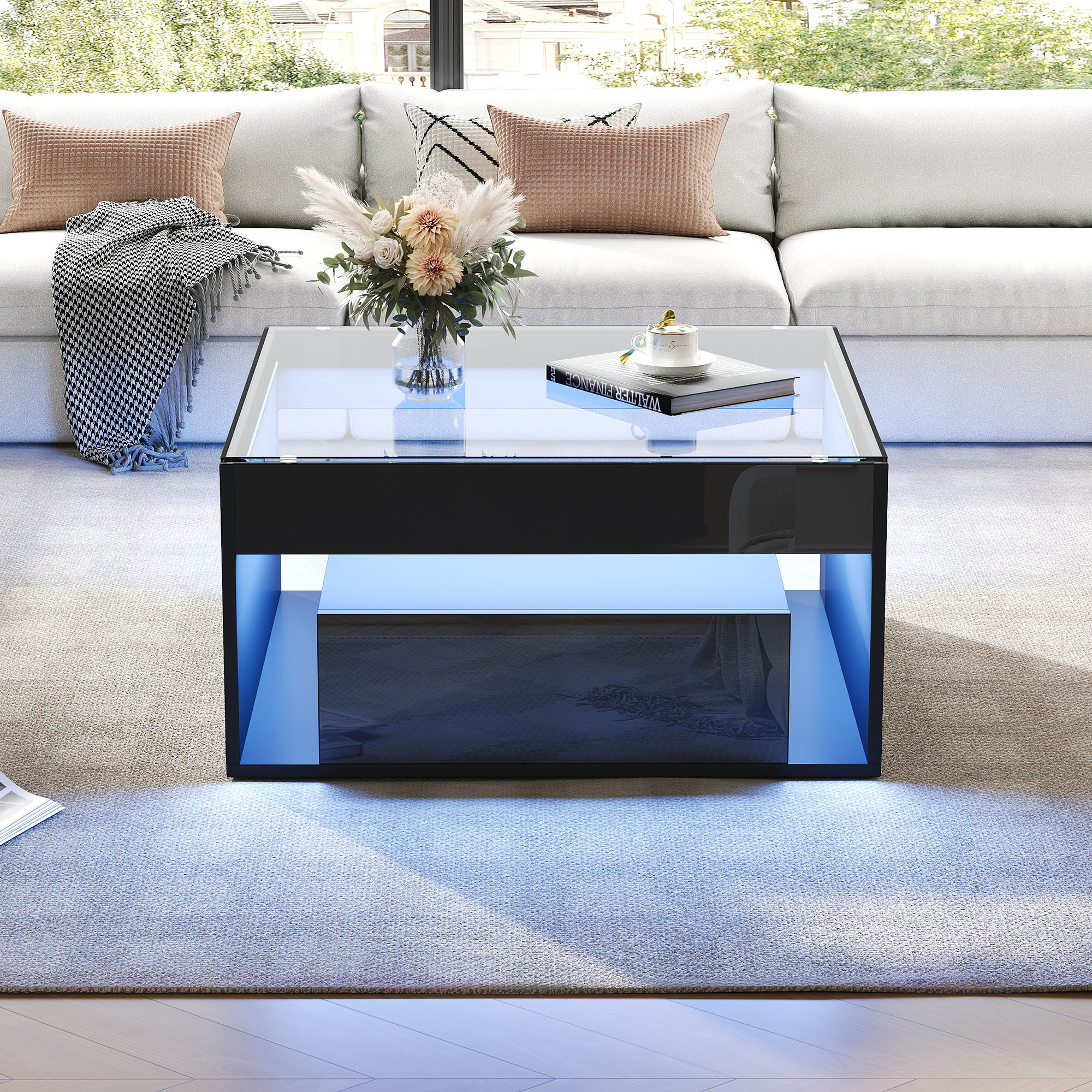 Table basse 70 x 70 x 35 cm, table d'appoint avec 2 tiroirs, table de canapé