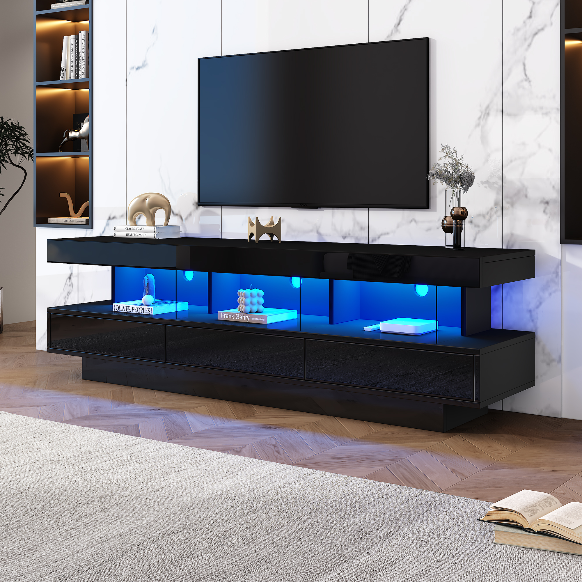 160X38X50.5cm Black High Gloss TV Stand With 3 Glass Shelves, LED Lighting, App Control, Bluetooth Connectivity For 70 Inch TV, High Gloss Glass TV St