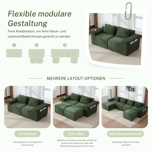 Modular 2-seater Corduroy Sofa With Cup Holders And Side Pockets Sprin