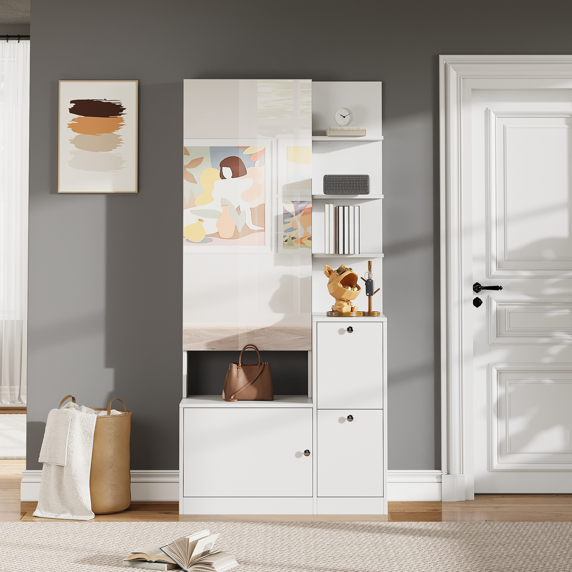 85x40x180cm Tall Cabinet With Mirror And Shoe Cabinet,hallway Cabinet,hallway Coat Rack,two Door Storage Cabinet,display Cabinet With 5 Shelves,white