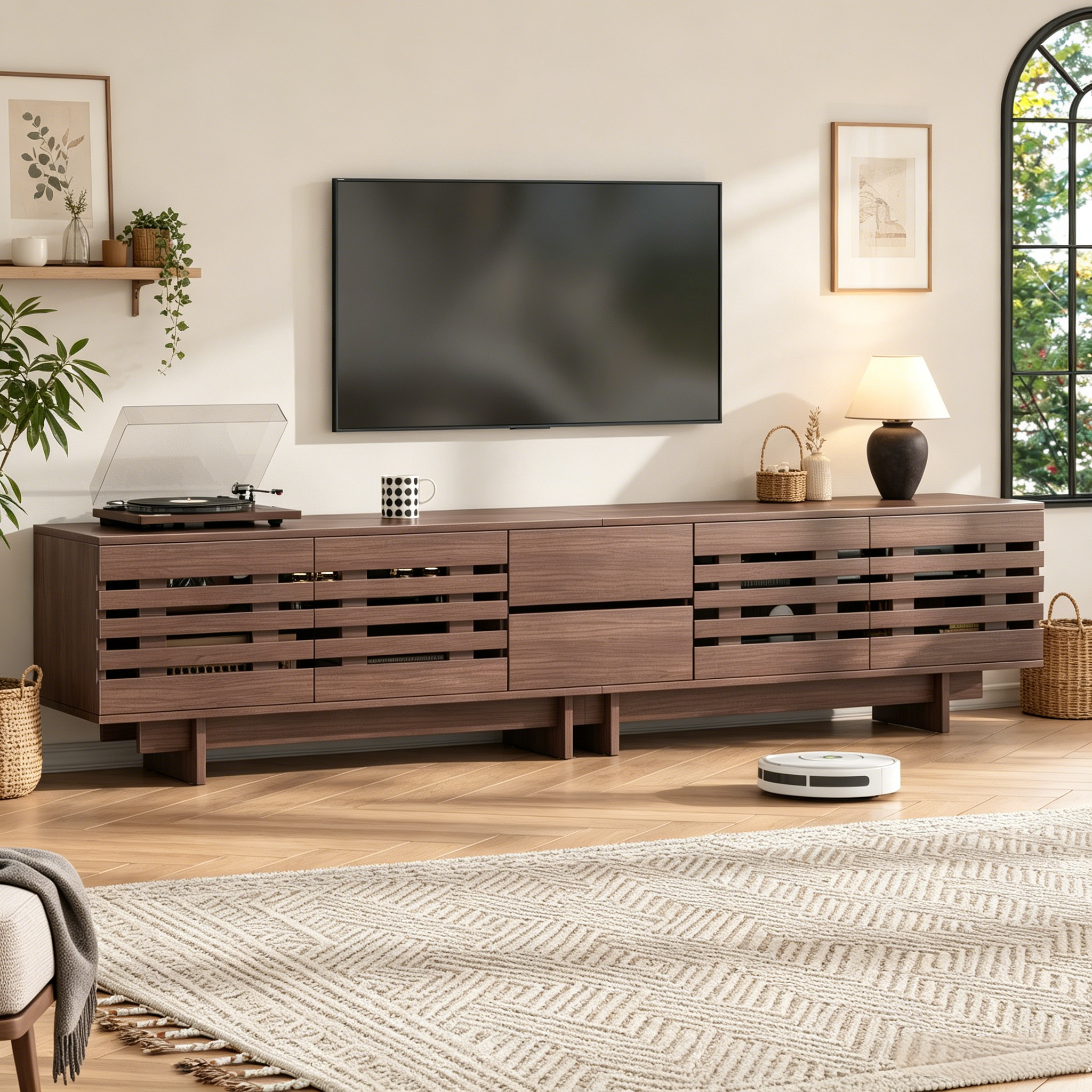 Modern TV Cabinet TV Stand, TV Lowboard For TVs Up To 80 Inches, 4 Hinged Doors, 2 Drawers, 6 Storage Compartments, Suitable For Living Room Bedroom, Walnut Wood Color, 200x39.5x55cm