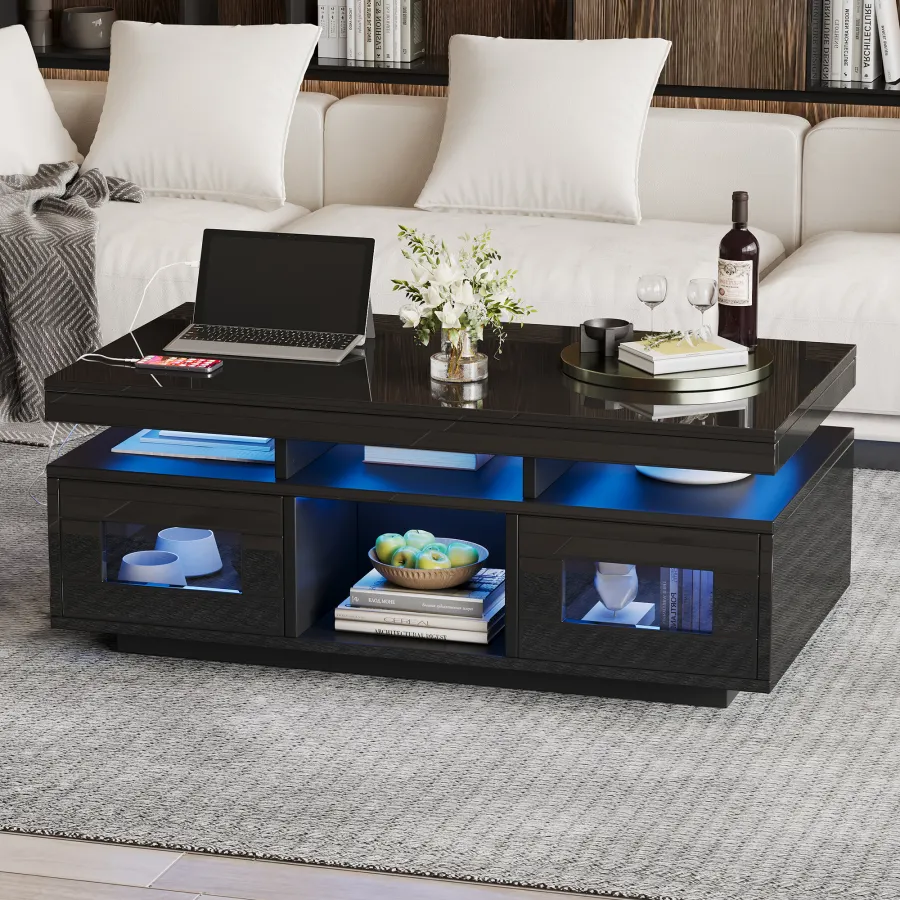 Couchtisch Schwarz Hochglanz mit App-steuerbarer LED-Beleuchtung