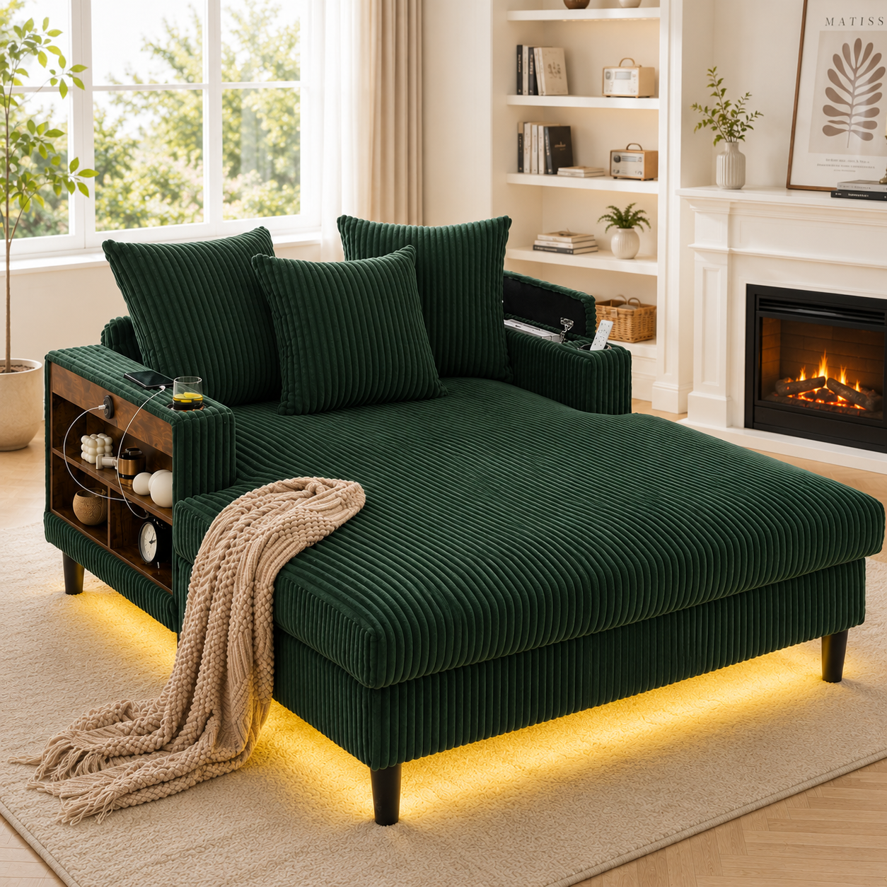 Multifunctional Corduroy Lounge With Chaise Longue With Large Lying Surface, Cup Holders On Both Sides, LED Lighting, Side Pocket, Storage Space, USB 
