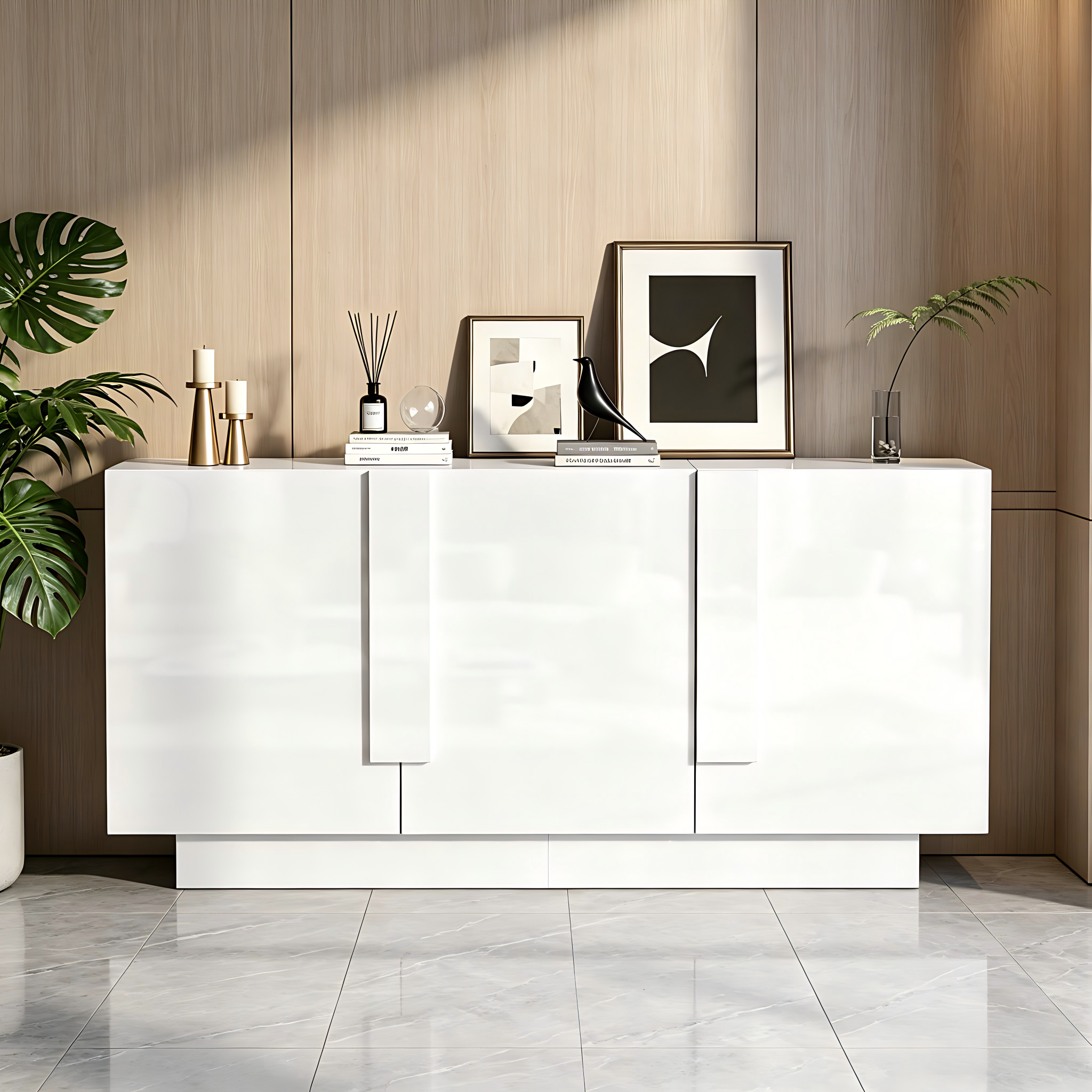 Living Room Sideboard  35 X 160 X 60 Cm , A Living Room Cabinet With 3 Doors, High-gloss Storage, 6 Storage Compartments And Plenty Of Storage Space.Wide Cabinet, White, Chipboard, Easy To Clean, Ches