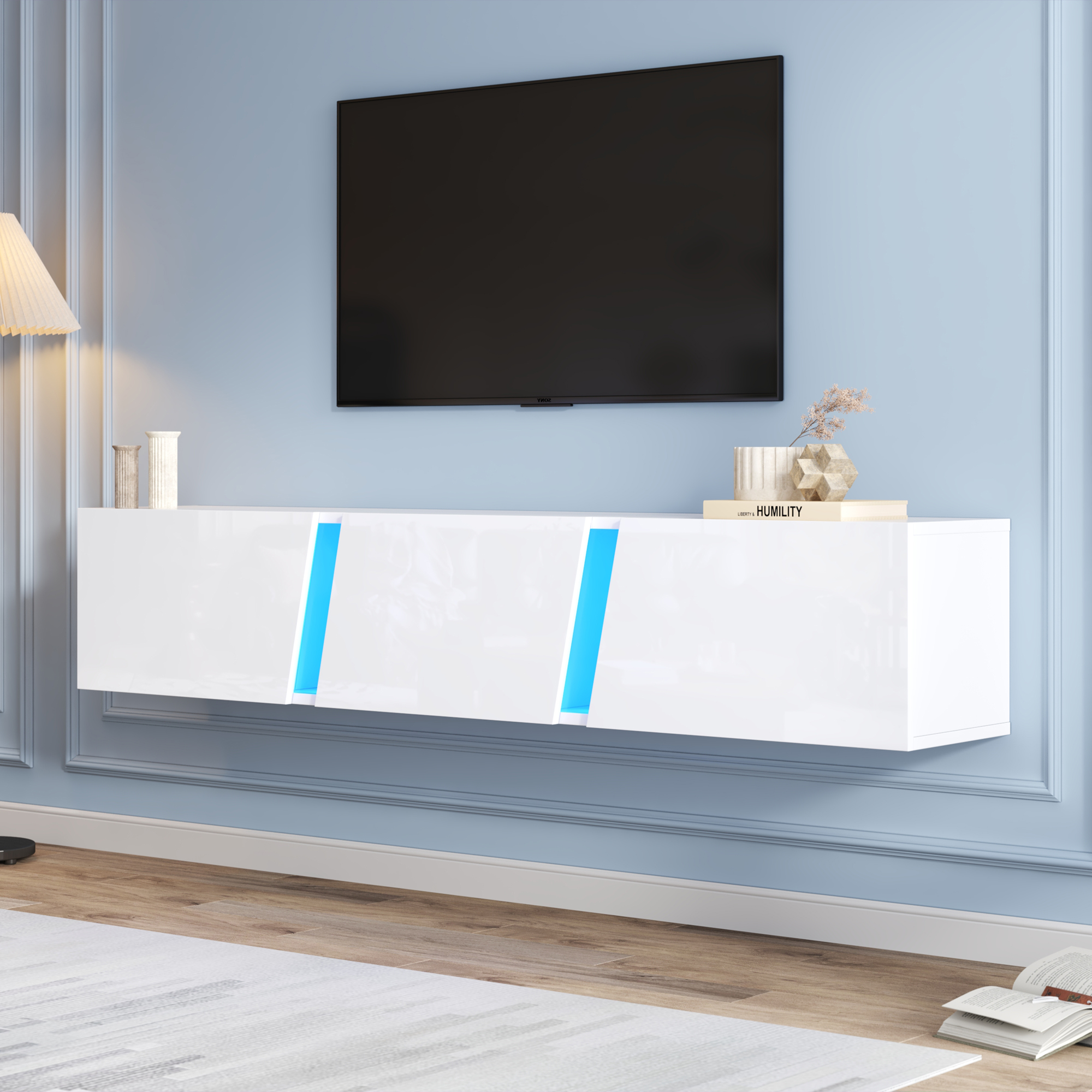 180 X 35 X 30 Cm, Wall Mounted TV Cabinet, Lowboard TV Cabinet With LED Lights, TV Stand With 3 Cabinet Doors, Suitable For 75 Inch TV, TV Cabinet TV 