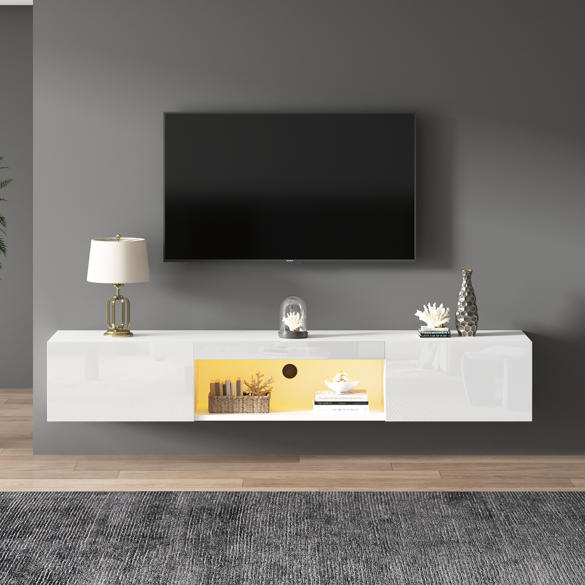 160x31x22cm White High Gloss Hanging Cabinet For 70 Inch TV, 30kg Load Capacity, With LED Lighting, Bluetooth APP Control, Wall Mounted TV Stand