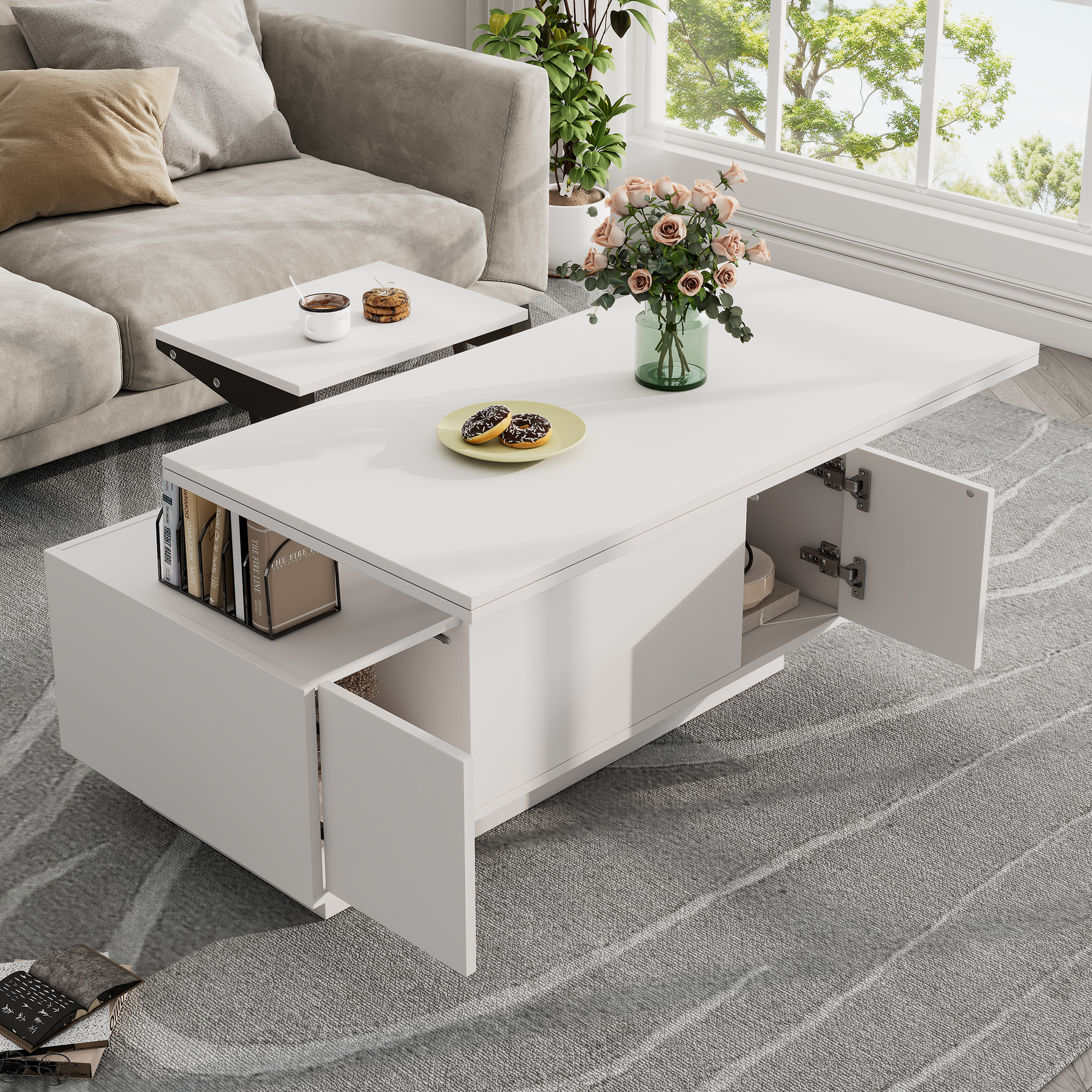 Modern Coffee Table With Double Lifting Mechanism, Hidden Storage Space - Loadable Up To 50 Kg