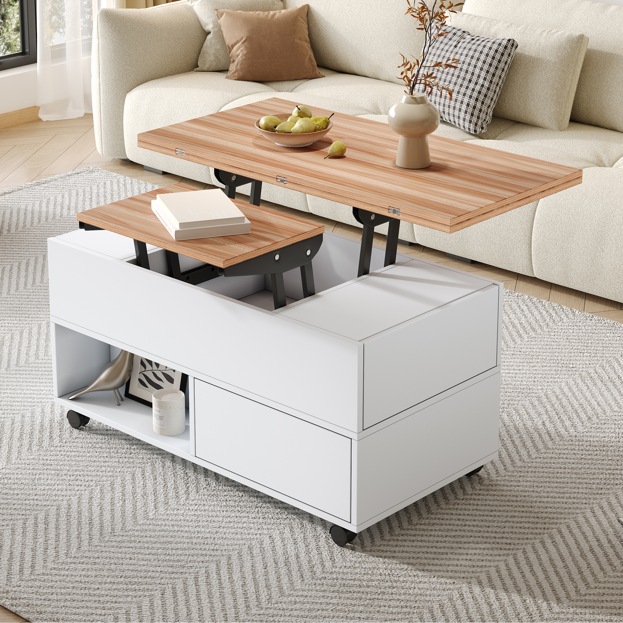 100x50x52cm Coffee Table With 4 Wheels, Multifunctional Living Room Table With 4 Drawers, Liftable Coffee Table, Height Adjustable Sofa Table, Side Table And Dining Table With Storage, White  Wood Co