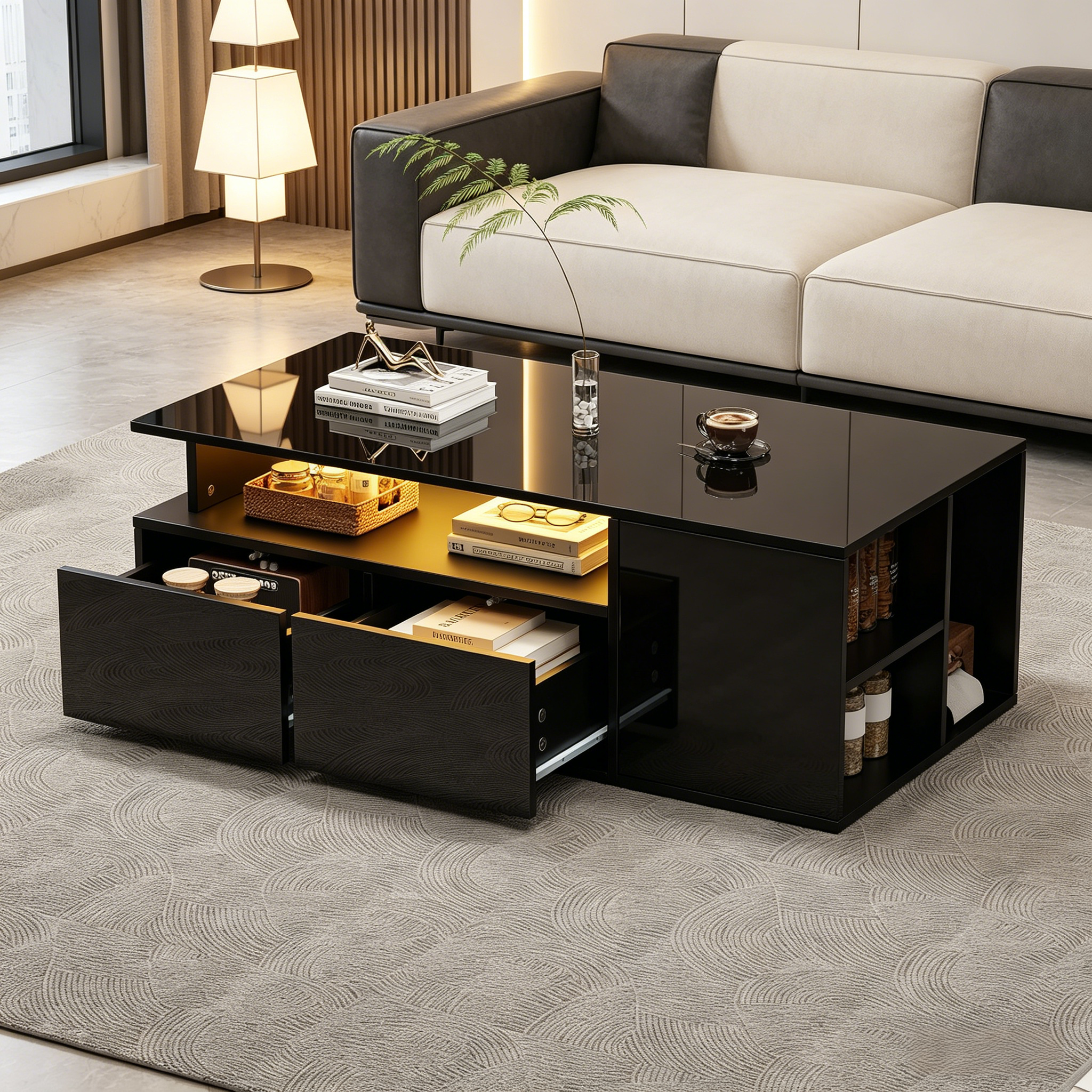100x50x35cm Tea Table With LED, Living Room Coffee Table, Sofa Table With 2 Drawers, Coffee Table With Total Load Capacity Of 60kg, Black Living Room Table With Plenty Of Storage