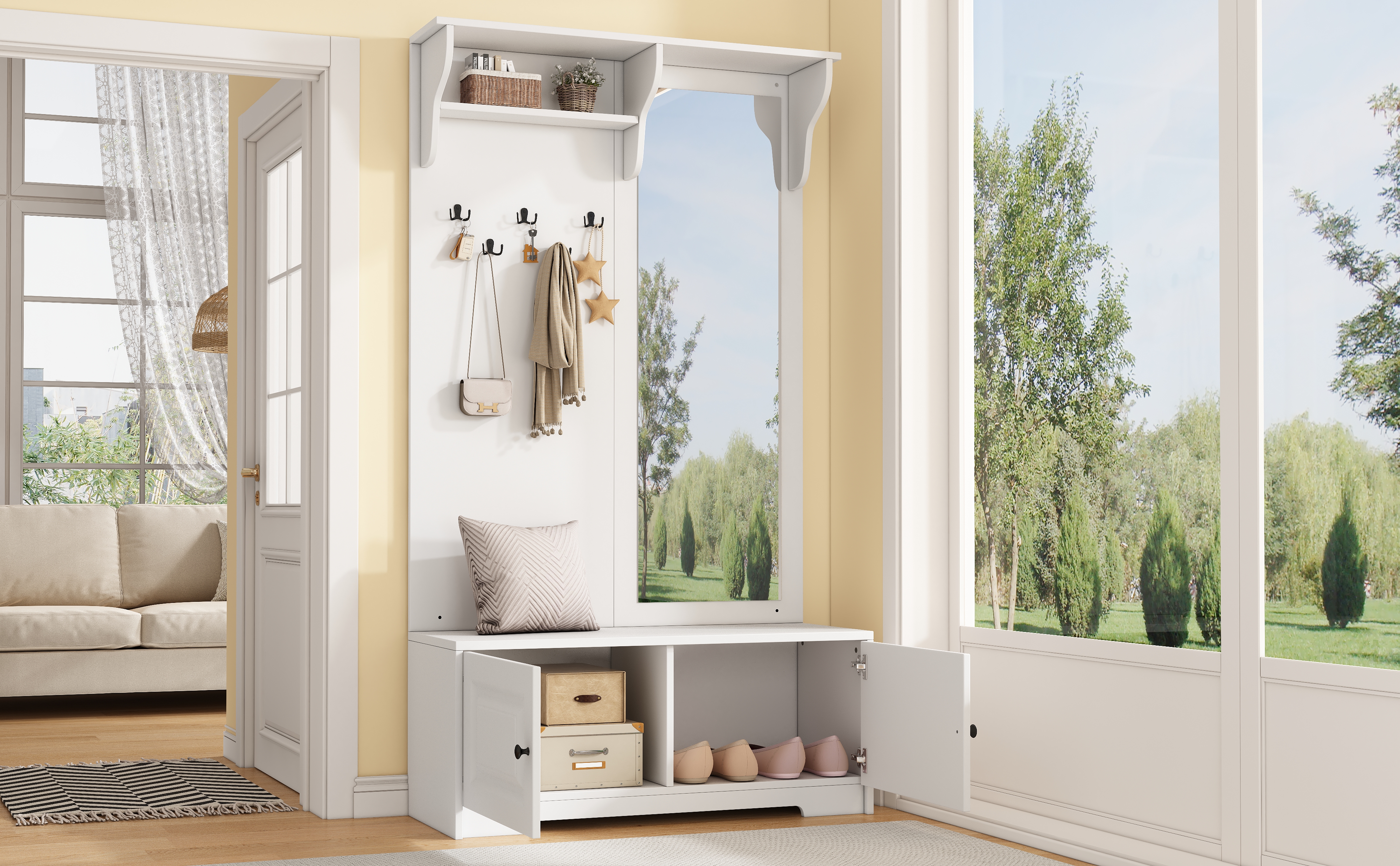 100x40x180cm Coat Racks With Mirror, 5 Coat Hooks, 2 Cabinets And Shelf, Hallway Coat Rack Clothes Rack With Shoe Cabinet, Hallway Coat Racks, Compact Coat Rack, White