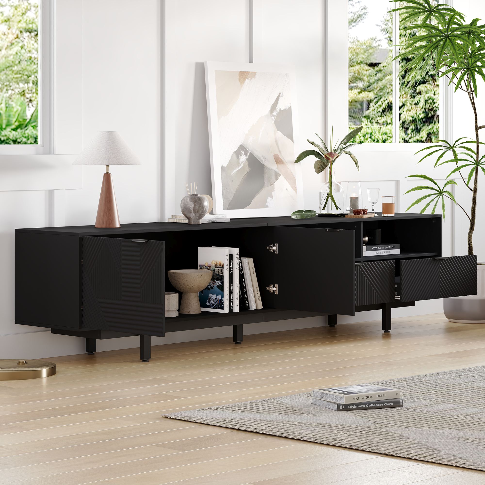 Modern Bohemian TV Cabinet With Abstract Black Geometric Lines, Modern Minimalist Cabinet Door Decoration With Storage Space, Maximum Capacity 90 Inch TV