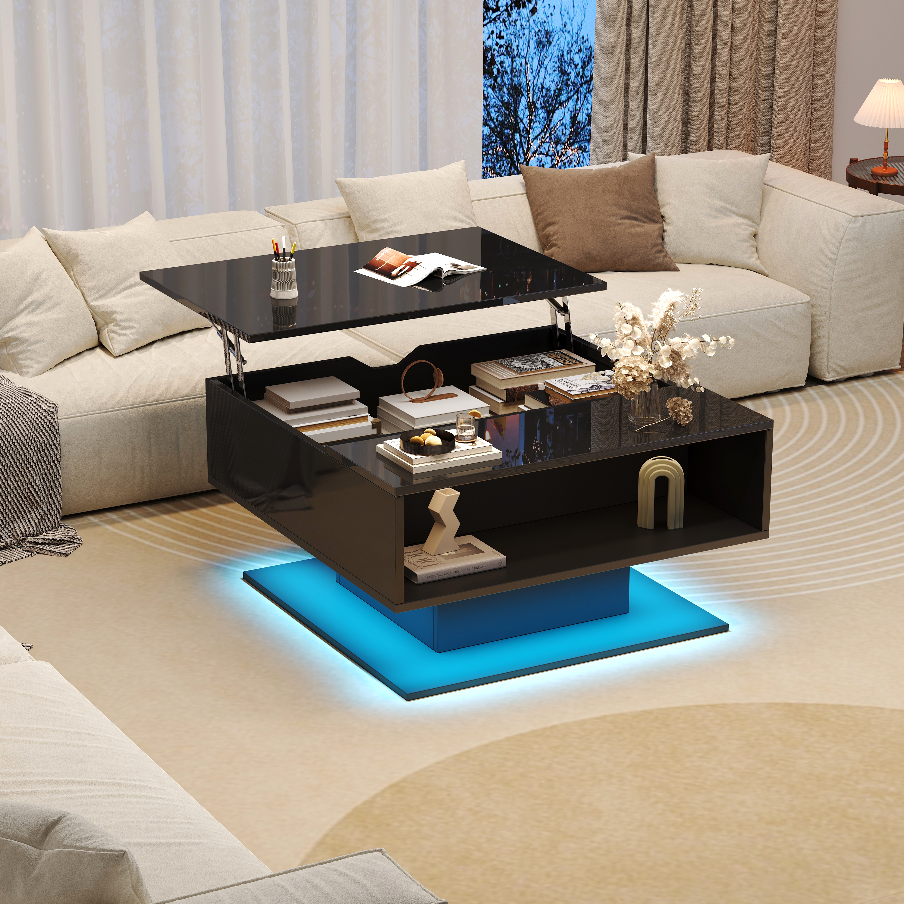 80x75x40cm Coffee Table With Hydraulic Lift,High Gloss Sofa Table,Living Room Table With Storage,Semi Open Storage,Geometric Coffee Table,Ergonomic Living Room Side Table,Black