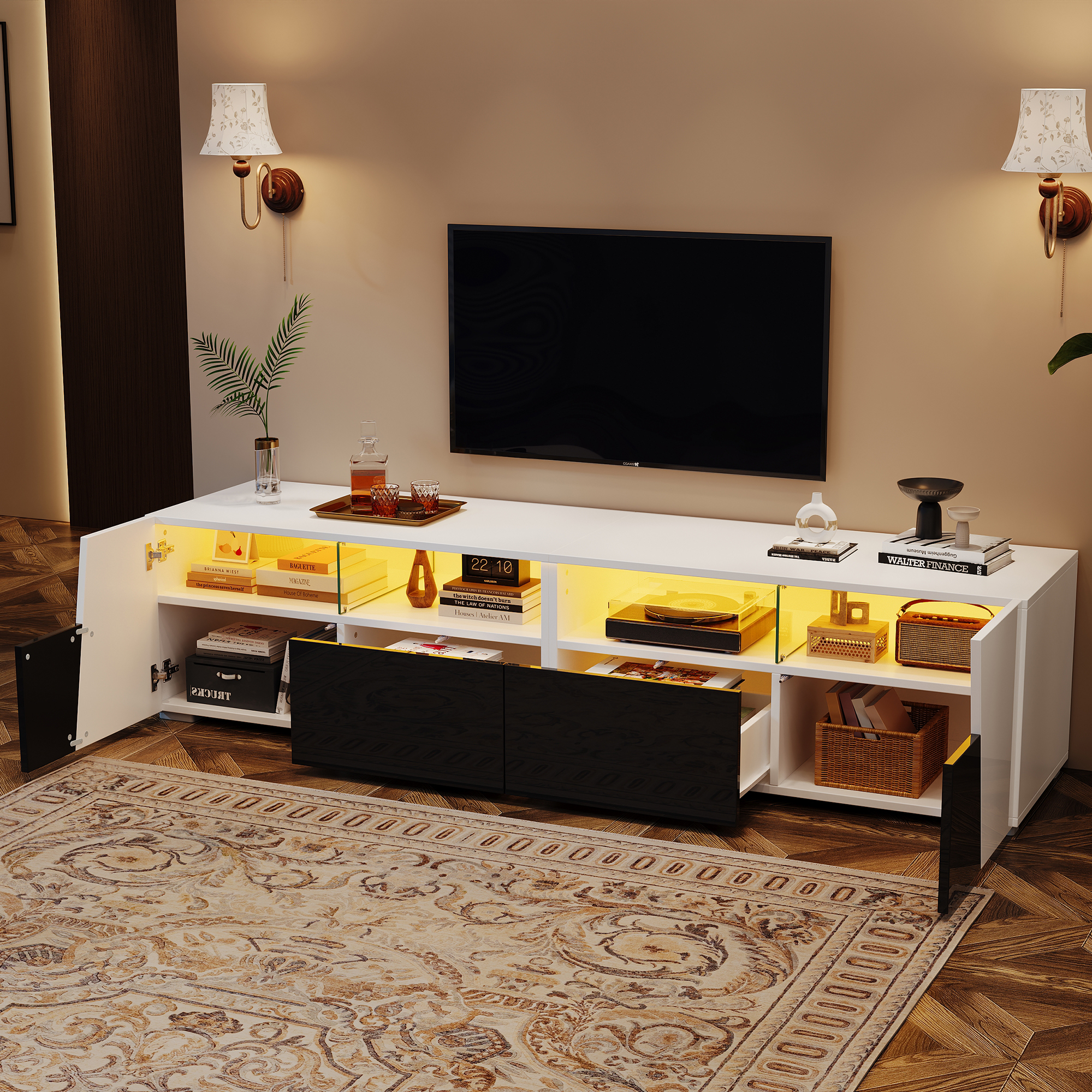 180x38.5x45cm High Gloss TV Stand, TV Cabinet With LED Lighting, Lowboard, TV Table, TV Board, TV Cabinet, 2 Drawers, 2 Wardrobes, Open Storage Bins, For 80-Inch TV, White- Black