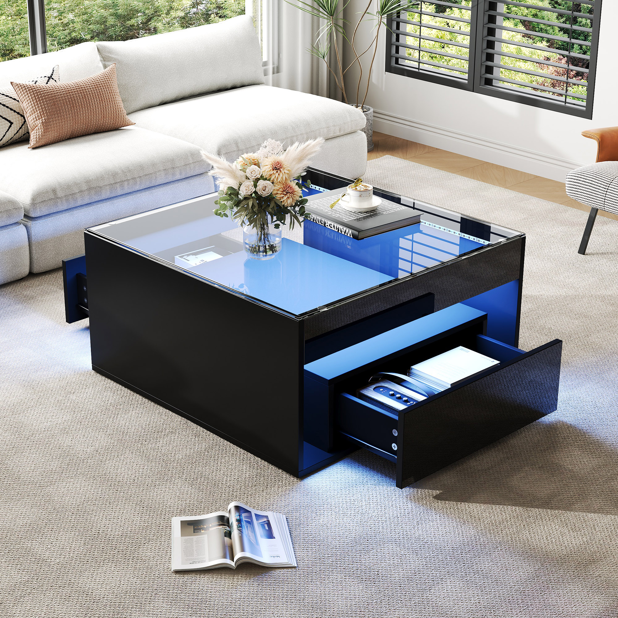 Table basse 70 x 70 x 35 cm, table d'appoint avec 2 tiroirs, table de canapé – Image 3