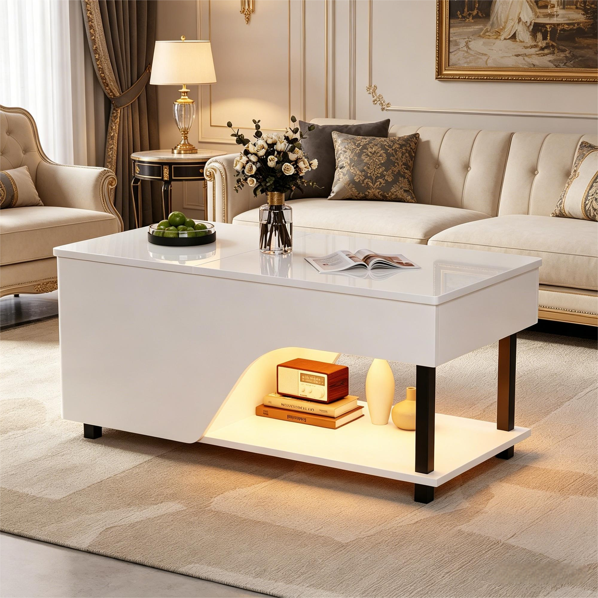 50 X 100 X 46cm Height Adjustable Living Room Coffee Table,Side Table With Hidden Storage,Openwork Coffee Table,High Gloss LED Sofa Table,Tea Table Wi