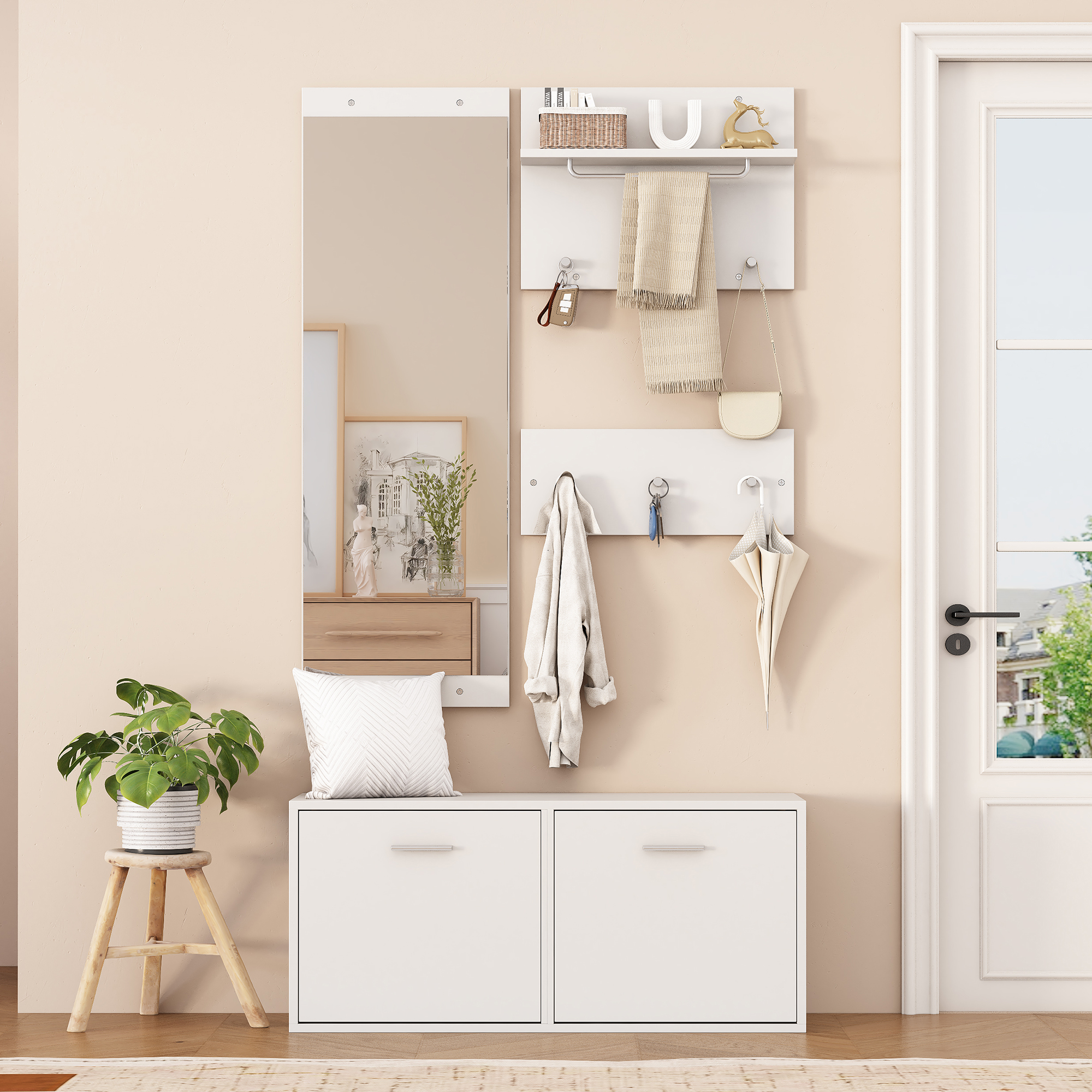 90x30x41.5cm Coat Rack Set 4 Pieces With Mirror, 2 Hat Rack And Shoe Cabinet.Hallway Coat Rack Clothes Rack Set,Hallway Coat Rack Set,Compact Coat Rac