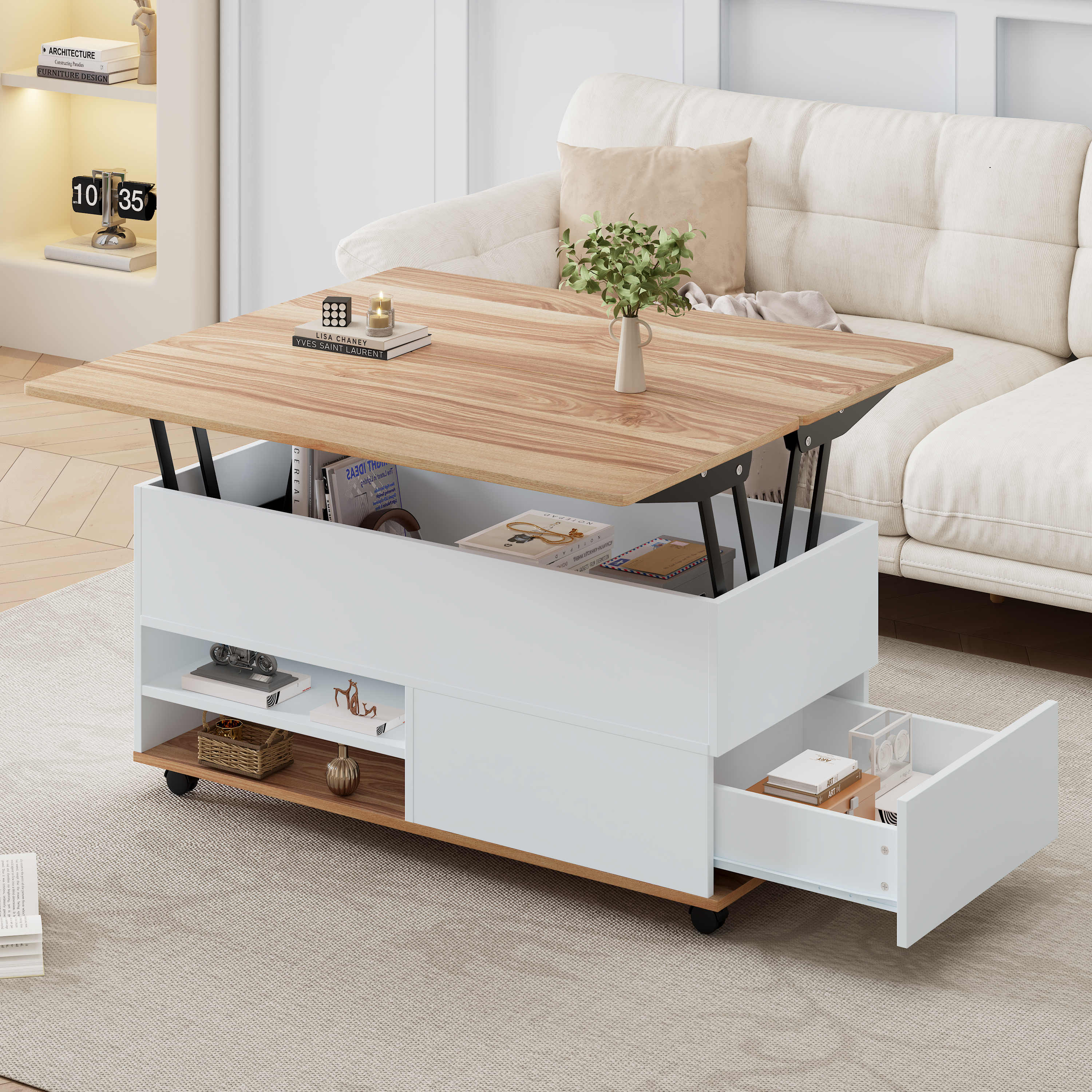 100x98x65cm Height Adjustable Coffee Table With Hidden Storage And Storage, Living Room Table With Rolls And Drawers, Multifunctional Dining Table With Large Storage, White - Natural Woodfa