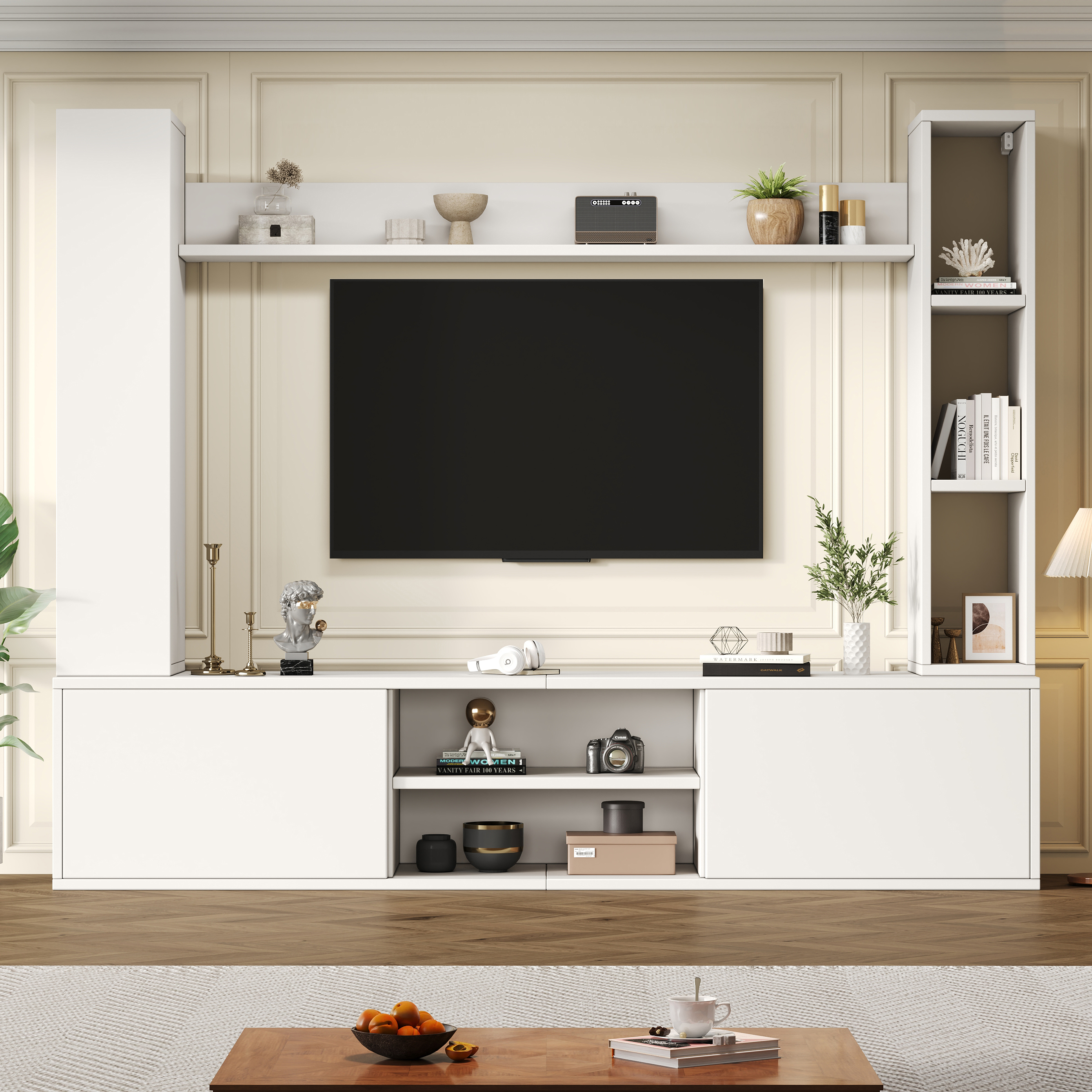180x35x33.5cm TV Living Wall Set With Showcases Complete Set, 4-Piece,Media Wall Incl.TV Board, Stand Rack And 2 Wall Racks,TV Living Room Furniture S