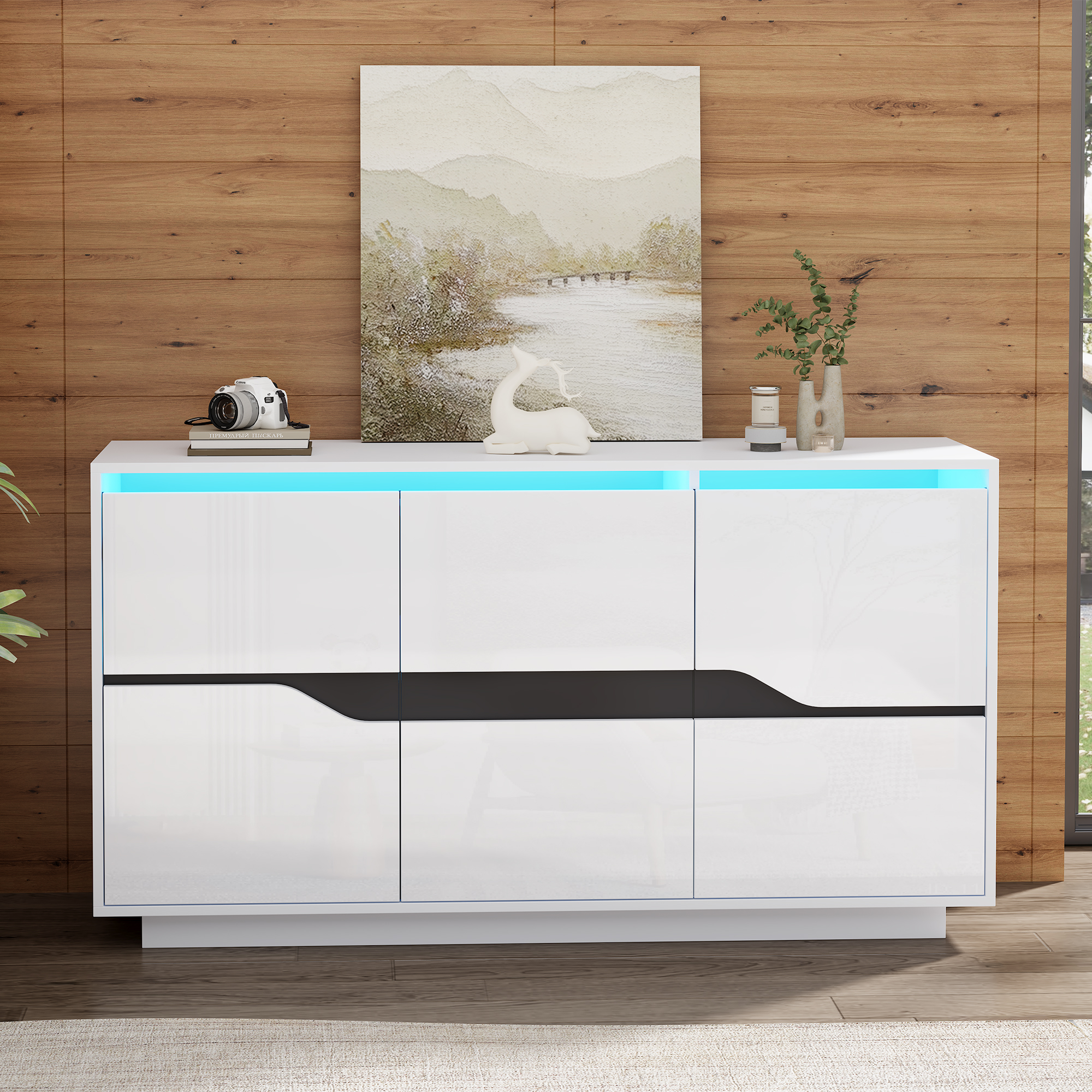 140X40X70cm Living Room Credenza,Sideboards With 3 Doors,Versatile Chest Of Drawers With Adjustable Dividers,Wide Handleless Lockers,High Gloss Sofa S