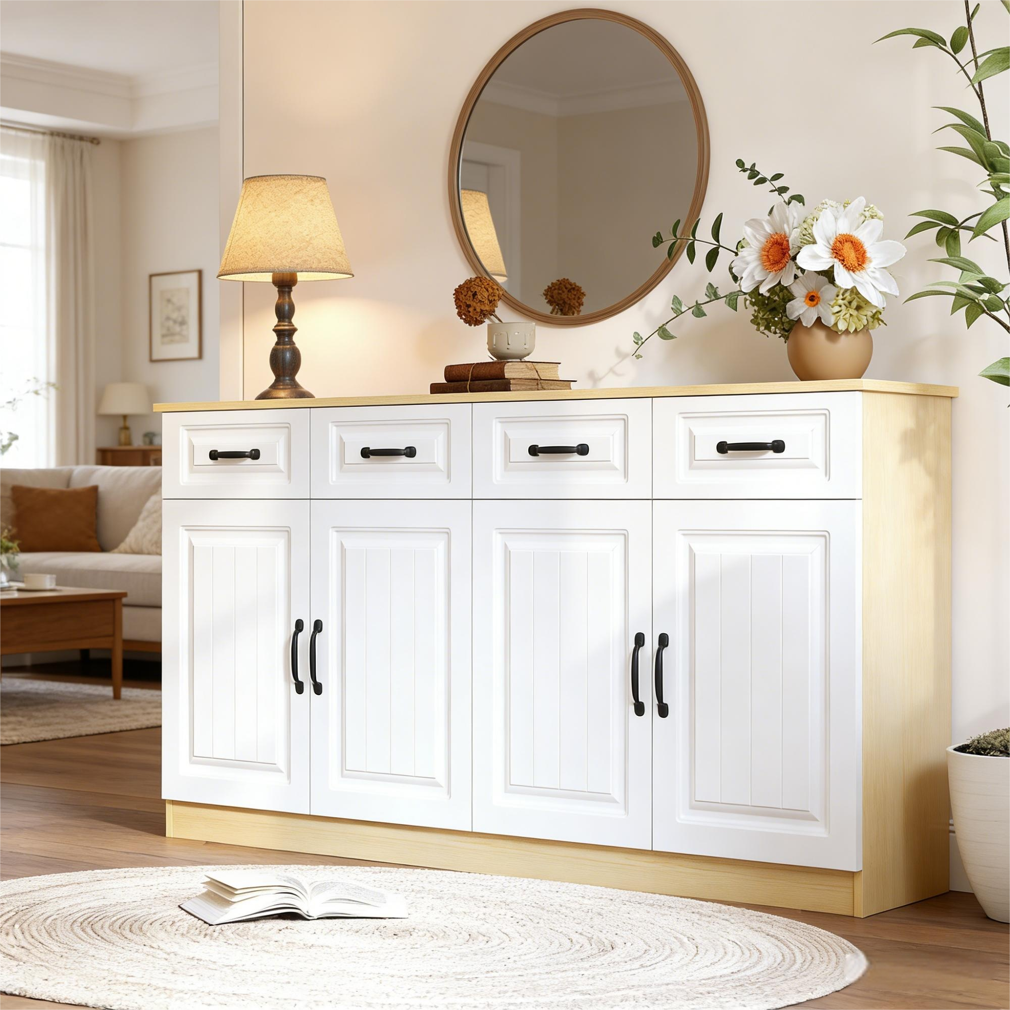 Sideboard,chest Of Drawers With 4 Drawers And 4 Doors,2 Shelves,fluted Design And 8 Metal Handles,large Upper Storage Space For Living Room,bedroom An