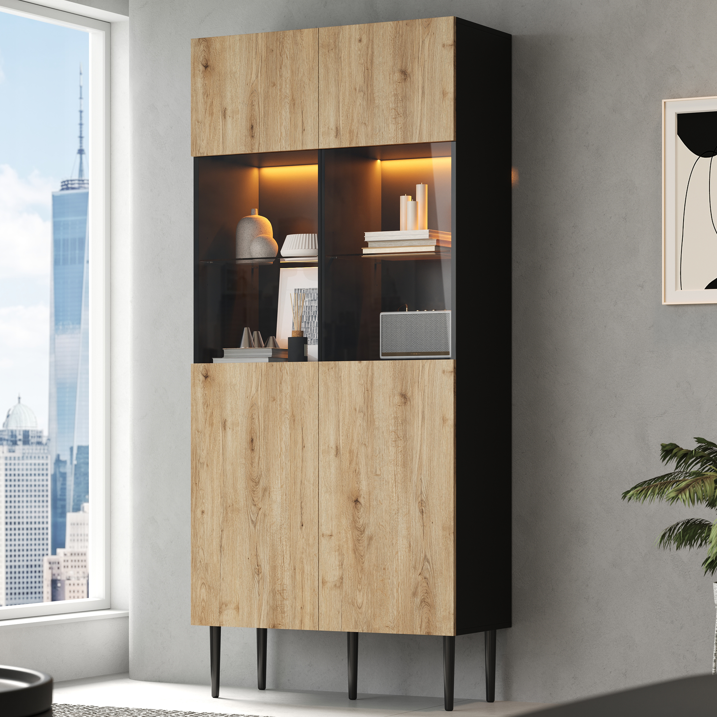 Modern Tall Cabinet With 10 Storage Compartments And Glass Doors,LED Lighting  80x35x180cm W H D,Tall Cabinets For Living Room,Storage Cabinet In Natu