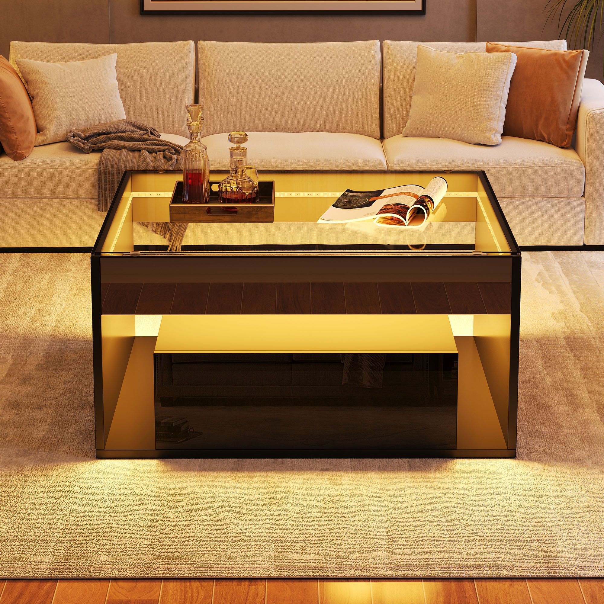Table basse 70 x 70 x 35 cm, table d'appoint avec 2 tiroirs, table de canapé – Image 2