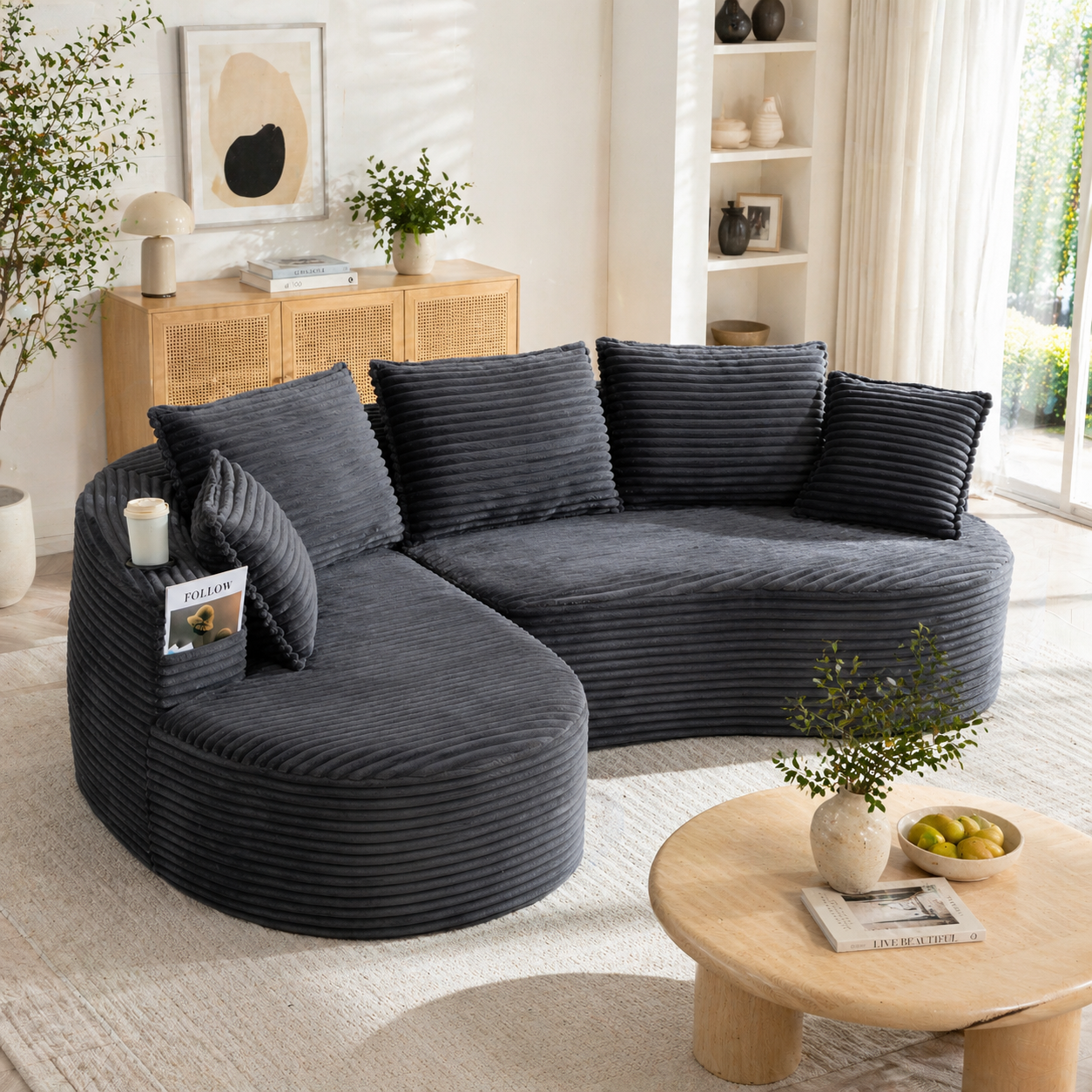 Corduroy Bow Sofa  Soft, Breathable, With Cup Holder  Storage Pocket. High-density Foam For Comfortable Seating. Incl. Cushion  Compressed, Ready For 