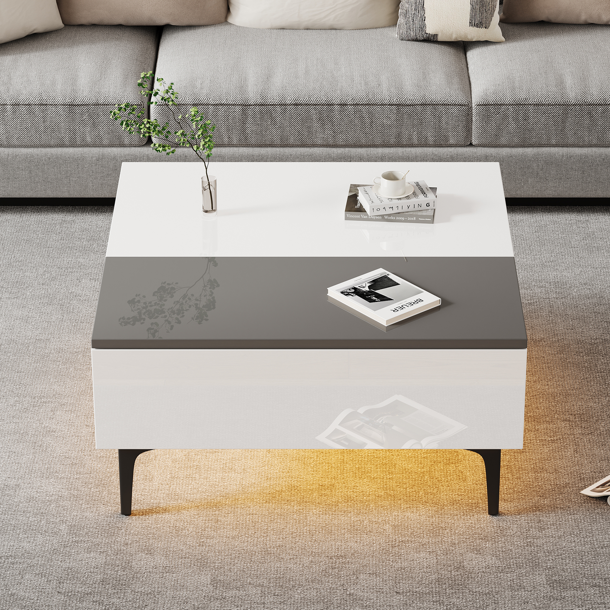Table basse 70x70x35cm, table basse réglable en hauteur avec rangements et étagères – Image 2