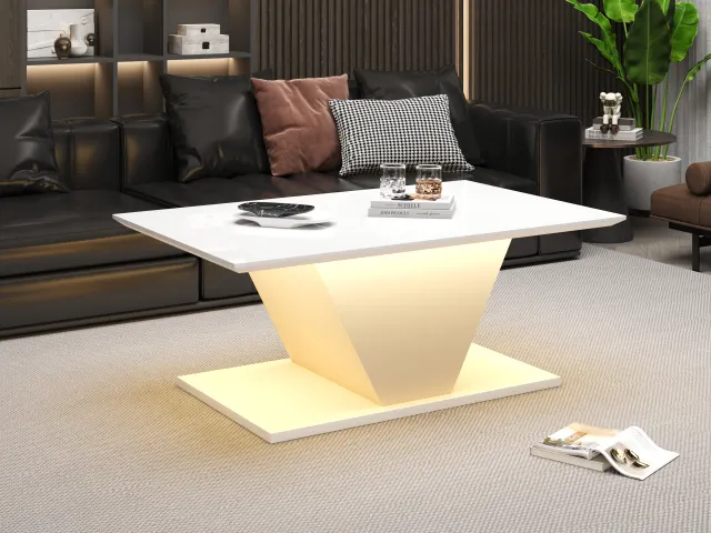 Couchtisch V-Form Hochglanz mit LED-Beleuchtung Weiß